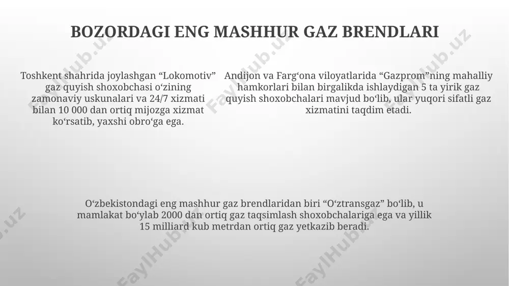 ti ishlab chiqaruvchiga va gaz turiga bog'liq bo'lib, odatda 10 yildan oshmaydi. namuna sifatida, andijon shahridagi gaz ta'minot kompaniyalari ballonlarning texnik holatini tekshirib turishadi. gaz baloni 25°c dan yuqori bo'lmagan haroratda, to'g'ridan-to'g'ri quyosh nuri tushmaydigan, yaxshi shamollatiladigan joyda, masalan, toshkentdagi omborda saqlanishi kerak. gaz brendlarining ishonchliligi andijon viloyati hududida oʻtkazilgan soʻrov natijalariga koʻra, mahalliy gaz taʼminoti kompaniyalarining ishonchliligi 70% atrofida boʻlib, bu raqam texnik xizmat koʻrsatish sifati bilan bogʻliq. toshkent shahridagi gaz taʼminotida 15 yildan ortiq faoliyat yuritgan “oʻztransgaz” kompaniyasining ishonchliligi statistik maʼlumotlarga asoslanib, 90% dan yuqori darajada baholanadi. toshkent shahridagi gaz taʼminotida 15 yildan ortiq faoliyat yuritgan “oʻztransgaz” kompaniyasining ishonchliligi statistik maʼlumotlarga asoslanib, 90% dan yuqori darajada baholanadi. gaz sifatini aniqlash mezonlari gazning bosim kuchi, masalan, toshkent shahridagi uy-joylarda taqdim etilishi kerak boʻlgan minimal bosim 120-150 mm suv ustuni boʻlishi lozim. bu standartlar xalqaro standartlarga mos kelishi kerak. gazning sifatini aniqlashda, uning tarkibidagi metan (ch₄) miqdori 95% dan yuqori …
