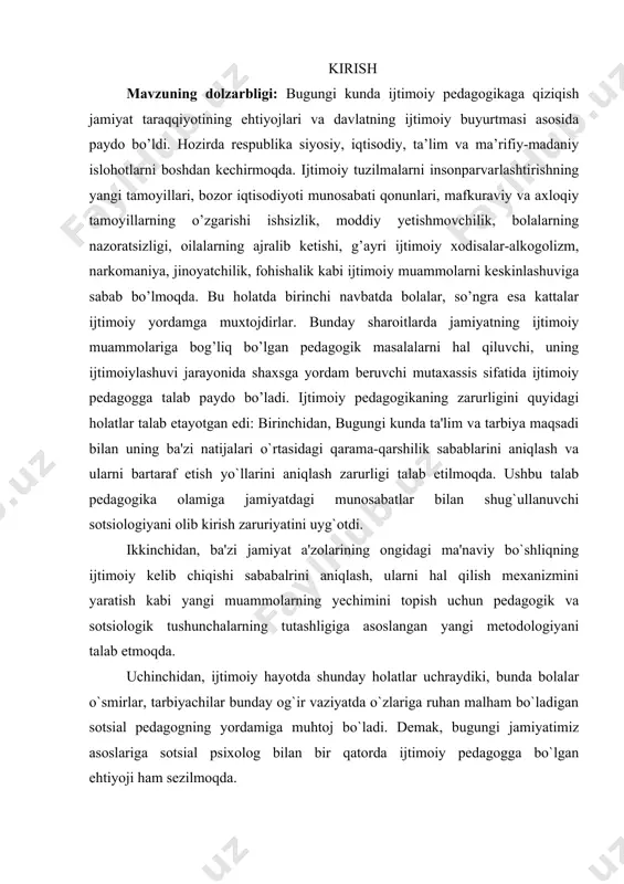 iz faylasufi gebert spenser (1820-1903y) oilaning shaxs shakllanishidagi o’rni haqidagi ijtimoiy pedagogik g’oyalar bilan to’ldirilgan asarlar yaratgan. buyuk olimlarning pedagogik qarashlari va faoliyatlarining ijtimoiy pedagogic yo’naltirilganligi, ularning avvalambor hayotga har tomonlama tayyorlash hisoblangan ta’lim maqsadini sharhlashlarida o’z ifodasini topgan. shaxsning jamiyatda o’z o’rnini belgilab olishini ta’minlab beruvchi eng muhim xususiyatlar deb, ular mehribonlik yaqinlarga yordam, g’urur, vijdon, yaxshi niyatlilik, sabrni bilishgan. kurs ishining maqsadi: ijtimoiy pedagogika fani rivojlanish bosqichlarini o`rganish. kurs ishini vazifalari: 1. ijtimoiy pedagogika fani rivojlanish tarixini bosqichlarini tizimlashtirish. 2. mavzuga oid adabiyotlardagi ma`lumotlarni tizimlashtirish 3. xorijda va o`zbekistondagi ijtimoiy pedagogika tarixining o`ziga xosliklarini o`rganish. 4. ijtimoiy pedagogika haqida mashhur olimlarning fikrlarini birlashtirish. kurs ishining predmeti: ijtimоiy pеdаgоgikа rivоjlanish jarayoni kurs ishining obyekti: ijtimоiy pеdаgоgikа rivоjlanish bosqichlari. kurs ishining gipotezasi: ijtimoiy pedagogika xorijda va o`zbekistonda rivojlanish bosqichlarining farqli xususiyatlari mavjud. ularga turli ijtimoiy omillar tasir o`tkazganligi bunga sabab bo`ladi. kurs ishining metodologik asosi: prezident sh.mirziyoyev asarlarida ilgari surilgan …