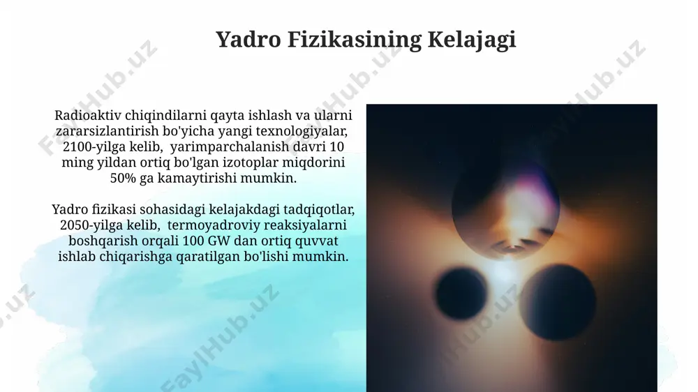 o fizikasining qo'llanilishi radiatsion texnologiyalar, masalan, gamma-nurlar yordamida oziq-ovqat mahsulotlarining sterillashuvi va saqlash muddatini 10-15 marta uzaytirish mumkin. yadro fizikasi yordamida 1000 dan ortiq izotoplar ishlab chiqarilgan bo'lib, ular tibbiyotda diagnostika va terapiya, masalan, saraton kasalligini davolashda qo'llaniladi. atom yadrosi tuzuilishi atom yadrosining tuzilishi proton va neytronlardan iborat boʻlib, ularning soni elementning atom raqamini va massa sonini aniqlaydi; masalan, uglerod-12 yadrosi 6 proton va 6 neytrondan tashkil topgan. yadro radiusi taxminan 10 -15 metr boʻlib, atomning umumiy radiusidan ancha kichik; bu atomning massasining aksariyati yadroda jamlanganligini koʻrsatadi. e'tiboringiz uchun rahmat @taqdimot_robot image2.jpg image3.jpg image4.jpg image5.jpg image6.jpg image7.jpg image8.jpg image9.jpg image10.jpg image11.jpg image12.jpg image13.jpg image1.png