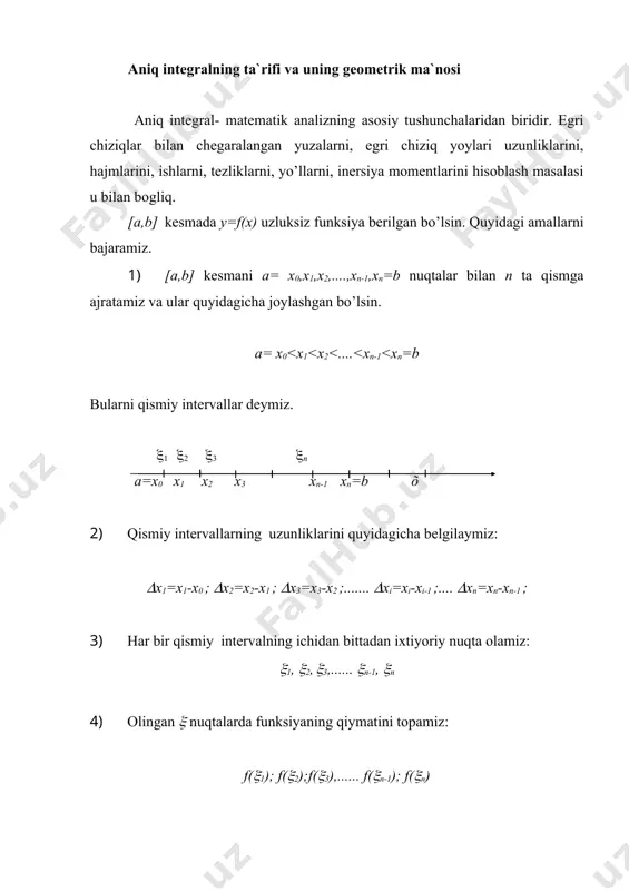 g aniq integrali qo’shiluvchilar aniq integrallarning algebraik yig’indisiga teng. masalan: 3-xossa. agar [a, b] kesmada f(x) va ( (x) funksiyalar uchun f(x) ( ( (x) shart bajarilsa, u holda bo’ladi. 4-xossa: agar [a,b] kesma bir necha qismga bo’linsa, u holda [a,b] kesma bo’yicha aniq integral har bir qism bo’yicha olingan aniq integrallar yig’indisiga teng. masalan: a<c< b bo’lsa, u holda 5-xossa: aniq integralning qiymati funksiyaning ko’rinishiga va integrallash chegaralariga bog’liq, lekin integral ostidagi ifodaning harflariga bog’liq emas. _1011503605.unknown _1011503611.unknown _1011503613.unknown _1011503616.unknown _1011503619.unknown _1011503620.unknown _1011503617.unknown _1011503614.unknown _1011503612.unknown _1011503607.unknown _1011503609.unknown _1011503606.unknown _1011503602.unknown _1011503604.unknown _1011503601.unknown