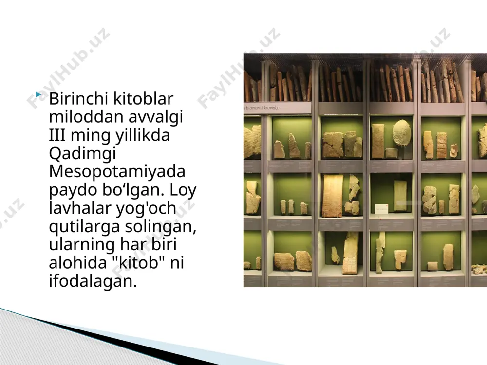 kutubxonalari boʻlgan. xx-asr 10—20-yillari turkiston hududida 2 ta xalq kutubxonasi, bir necha shahar kutubxonalari va boshqa mavjud boʻlgan. mahalliy aholi vakillari milliy yoʻnalishdagi 2 ta kutubxona va madrasalar huzuridagi kutubxonalardan foydalangan. shu kutubxonalar oʻz davrida davlat kutubxonasini tashkil etishda asosiy negiz boʻlib xizmat qildi. hozirda ommaviy, ilmiy va maxsus kutubxonalar tizimi shakllangan va faoliyat koʻrsatib kelmoqda. oʻzbekistonda kutubxonaning ommaviy, ilmiy va maxsus turlari bor. ommaviy kutubxonalar adabiyotlarni saralash va keng kitobxonlar ommasiga yetkazish, faoliyatida turli kitobxonlar guruhlariga moʻljallangan kitoblarni targʻib qilish va oʻqishni boshqarishda faol va taʼsirchan usullarni qoʻllaydi. bu guruhga oʻzbekiston madaniyat ishlari vazirligi tizimidagi shahar va qishloq kutubxonalari, kasaba uyushmalarining korxonalardagi kutubxonalari, klublar, madaniyat uylaridagi kutubxonalar kiradi. iskandariya kutubxonasi – misr celsus kutubxonasi – turkiya vashingtondagi kongress kutubxonasi bodleian kutubxonasi - buyuk britaniya muzey (qadimgi yunoncha: μουσεῖον, musion — „muzalarga bagʻishlangan joy“) — tarixiy, moddiy va maʼnaviy yodgorliklarni toʻplash, saqlash, oʻrganish va targʻib qilish ishlarini amalga oshiruvchi ilmiy, …