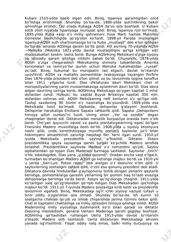 tlarning taslikil topish jarayoni 1870-yilga kelib, deyarli tugallandi. argentina, meksika, chili, urugvay, venesuela va kolumbiya mamlakatlari ispaniya zulmiga qarshi uzoq vaqt o‘z mustaqilliklarini saqlash va feodal monarxiyani ag'darib tashlash uchun kurashdilar.lotin amerikasi mamlakatlarining ko‘pchiligida xix asrning oxirgi choragida sanoat taraqqiyoti endigina boshlangan edi. ularning iqtisodiyotida kapitalistik munosabatlar bilan bir qatorda, feodal munosabatlar, qulchilik qoldiqlari va hindularning sodda urug'-qabilachilik jamoalari ham mavjud edi. bu mamlakatlarning asriy qoloqligidan buyuk britaniya, fransiya, aqsh va germaniya kabi buyuk davlatlarning monopolistlari foydalanib qoldilar. xix asrning oxirlariga kelib, lotin amerikasi mamlakatlari amalda buyuk britaniya va aqshning yarim mustamlakalariga aylanib qoldilar. lotin amerikasi davlatlarida kapitalizmning qaror topishi uzoq va o‘ta mashaqqatli yo‘ldan bordi. bu mintaqaga eng ko‘p kapital kiritgan davlat buyuk britaniya edi. asosiy mablag'lar bandargohlarga, temiryo‘llar qurilishiga, banklarga hamda tropik o‘simliklarni o‘stirishga va go‘sht sanoatiga sarflanardi. xix asr oxirida lotin amerikasiga aqsh kapitali ham kirib kela boshladi. 1897-yili aqsh lotin amerikasiga 250—300 mln. dollar kapital qo‘ygan …