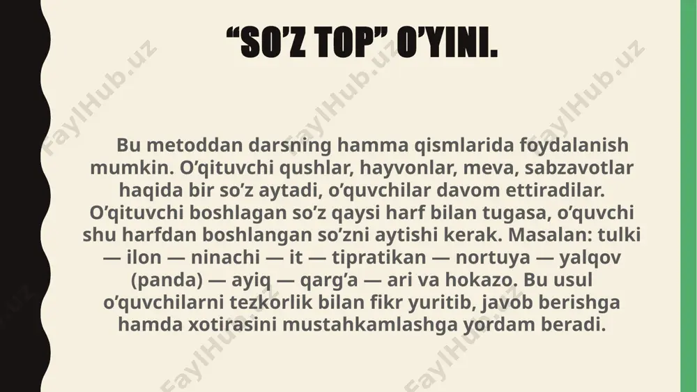dan hayvonlar yoki qushlar rasmlari teskari qilib beriladi. belgilangan vaqt ichida (1-2 daqiqada) o’quvchilar hayvon yoki qushlarni yovvoyi yoki uy hayvonlari guruhlariga ajratadilar. topishmoqni birinchi bo’lib xatosiz bajargan guruh g’olib hisoblanadi. “o’z guruhingni top” o’yini o’quvchilarga rangli buklangan qog’ozlar tarqatiladi. ularga hayvon va parrandalar nomi yozilgan bo’ladi. o’qituvchi o’quvchilarga qog’ozda rasmi berilgan hayvon yoki parranda qanday tovush chiqarsa, ular ham shunday tovush chiqarib o’z guruhini topishlarini tushuntiradi. 1. mushuk (miyov-miyov). 2. kuchuk (vov-vov). 3. xo’roz (qu-qu-qu-qu). 4. sigir (mo’-mo’). guruhga bo’linib olganlaridan so’ng guruhga tegishli hayvon yoki parrandalar haqida bilganlarini so’zlab beradilar. /docprops/thumbnail.jpeg
