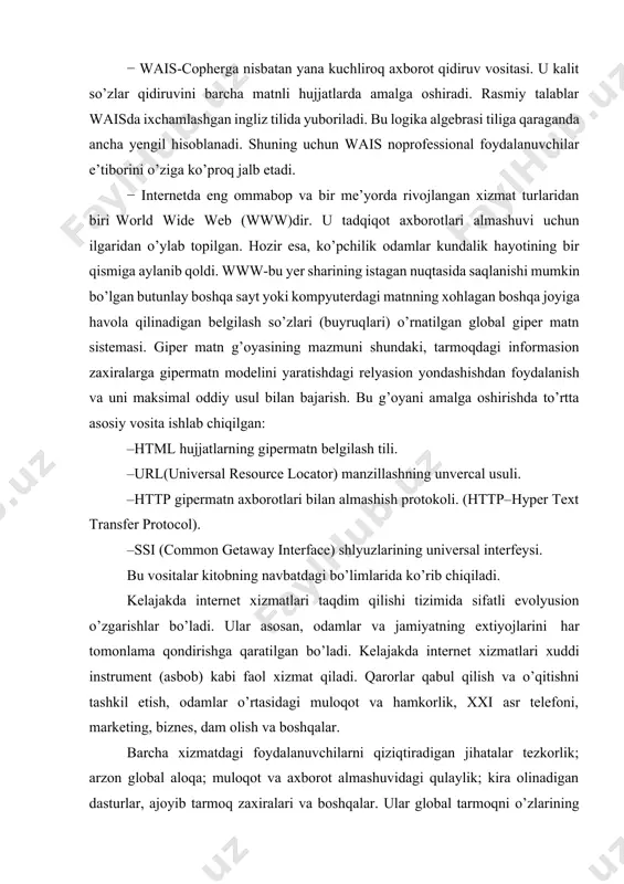 a oladilar. bu klientlarning komp’yuterlari turli rusumda bo’lishi mumkinligini alohida ta’kidlab o’tish kerak. butun olam axborot to’ri – wwwda brauzerlar (veb sahifalarni ko’rish darchasi) klient dasturi, qaerdadir internet tarmog’ida veb sahifalar saqlanadigan komp’yuter esa server bo’ladi.brauzer kerakli veb sahifani yuklash haqida serverga talab yuboradi, server bu talabni ko’rib chiqib, so’ralayotgan sahifani klientga jo’natadi. klient va server o’rtasidagi aloqa faqat ma’lumotlarni almashish paytida vujudga keladi. veb sahifa klient komp’yuteriga kelib tushgach, ular orasida http (hypertext transfer protocol –gipermatnni uzatish protokoli www da keng ishlatiladi) bog’lanish ham uziladi. http bog’lanish uzilsa ham, internetga, to’g’rirog’i, internet servis provayderga tcp/ip bog’lanish davom etadi. butun olam to’rida klient-server modelining ko’plab funktsiyalari umumiy shlyuz interfeysi (common gateway interface yoki qisqacha cgi) orqali amalga oshiriladi. bu texnologiya bilan keyinroq bir qadar batafsil tanishib chiqamiz. 2. internet manzillari va domenlari 1. shaxsiy komp’yuterda ishlash uchun mo’ljallangan ilovalardan farqli ravishda, veb ilovalar, ya’ni tarmoqda ishlash uchun mo’ljallangan ilovalar bir …