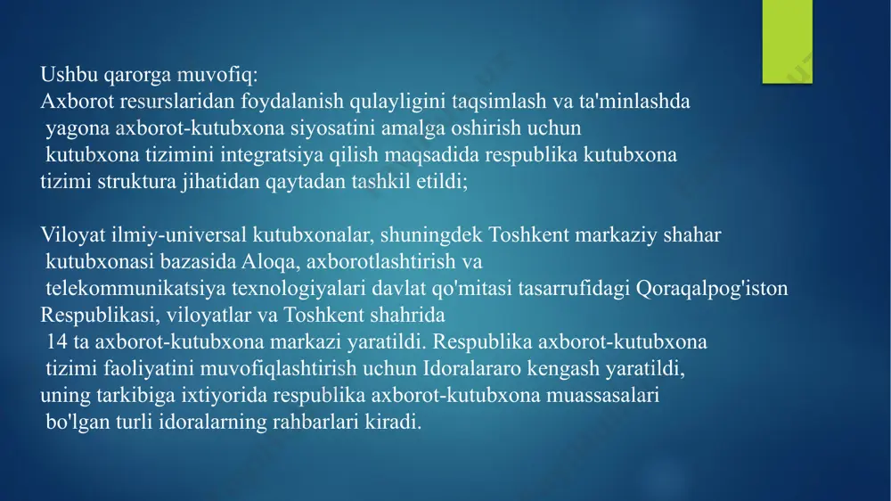 bxonalarda saqlanayotgan milliy madaniy merosni asrab-avaylash va boyitish, axborot-kommunikatsiya texnologiyalarini keng joriy etish hisobiga axborot-kutubxona muassasalari faoliyatini tashkil etishni takomillashtirish ustuvor vazifaga aylanmoqda. axborot-kommunikatsiya texnologiyalarining rivojlanishi va zamonaviy umumjahon tendensiyalarini hisobga olgan holda axborot-kutubxona faoliyatini isloh qilish; aholiga axborot-kutubxona xizmatlari ko‘rsatish bo‘yicha ijtimoiy kafolatlarni sifatli ta’minlash hamda zamonaviy talablarni hisobga olgan holda, axborot-kutubxona muassasalarini rivojlantirish maqsadida normativ-huquqiy bazani takomillashtirish; hududlarda aholiga axborot-kutubxona xizmatlari ko‘rsatishni barqaror rivojlantirishga ko‘maklashish; axborot-kutubxona muassasalarining moddiy-texnika bazasini mustahkamlash, shu jumladan yangi bino va inshootlarni qurish, mavjud binolarni rekonstruksiya qilish, ularni zamonaviy uskunalar bilan ta’minlash; kutubxona sohasida davlat-xususiy sheriklikni, xususiy va elektron (virtual) kutubxonalar tarmog‘ini rivojlantirish; kutubxonalar faoliyatining samaradorligini va foydalanuvchilarga xizmat ko‘rsatish (shu jumladan, pulli xizmat ko‘rsatish) tezkorligini oshirish uchun elektron kitoblar tarqatishga ixtisoslashgan internet-resurslar bilan hamkorlikni kengaytirish; axborot-kutubxona muassasalari xavfsizligini hamda milliy va jahon madaniy merosining bir qismi sifatida axborot-kutubxona fondlarining yaxshi saqlanishini ta’minlash; jamiyatning axborot madaniyatini, tariximizga va milliy madaniyatga qiziqishini shakllantirish va kuchaytirish, …