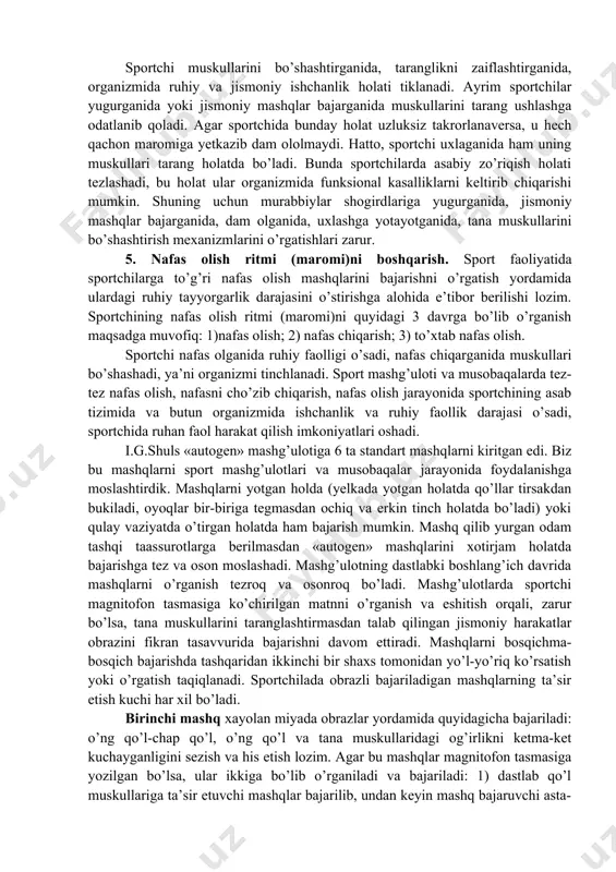 sobaqalarda g’oyat aniqlik bilan harakat qilishini ta’minlaydi. 3. ta’sirli so’zlar orqali o’zini ishontirish. sport mashg’uloti va musobaqa jarayonida murabbiy va boshqa kishilarning ta’sirli so’zlari yordamida ham sportchilarda dadil harakatlanish holati vujudga keladi. sportchi sha’nini ulug’laydigan, olqishlaydigan, faol harakatga undaydigan ta’sirli so’zlar uning ruhini ko’taradi, tetiklashtiradi. natijada sportchi o‘zini bardam tutib, raqibiga bo‘sh kelmay, qat’iy harakat qiladi, g’alaba qilishga intiladi. chunki ta’sirli so’z inson asab tizimiga ijobiy ta’sir etib, organizmida psixofiziologik o’zgarishlarni vujudga keltiradi. bu holat miyaning tormozlanish va qo’zg’alish qonuniyatlariga muvofiq miya katta yarim sharlar po’stlog’idagi to’qimalarda bo’ladigan muayyan o’zgarishlar natijasida sodir bo’ladi. shuningdek, sportchi jismoniy mashg’ulotlar va sport musobaqalari jarayonida faol qo’llaydigan zarur harakatlarni xayolida fikran takrorlaganida ham uning miyasida funksional o’zgarishlar vujudga keladi. sportchi so’zlar yordamida o’zini-o’zi ishontirish paytida uning organizmida birmuncha o’zgarishlar paydo bo’lgani seziladi: o’zini tetik his qiladi, harakatlarni yengil bajaradi, muskullari bo’shashadi, unda ishchanlik darajasi qaytadan tiklanadi. akademik i.p.pavlov ta’limotiga ko’ra, so’z ikkinchi signal tizimidagi …