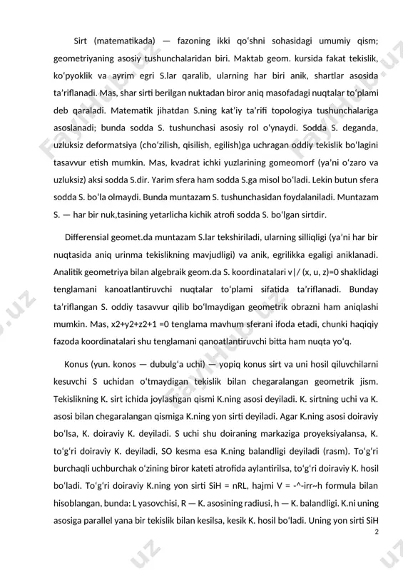 ning yon sirti deyiladi. agar k.ning asosi doiraviy boʻlsa, k. doiraviy k. deyiladi. s uchi shu doiraning markaziga proyeksiyalansa, k. toʻgʻri doiraviy k. deyiladi, so kesma esa k.ning balandligi deyiladi (rasm). toʻgʻri burchaqli uchburchak oʻzining biror kateti atrofida aylantirilsa, toʻgʻri doiraviy k. hosil boʻladi. toʻgʻri doiraviy k.ning yon sirti sih = nrl, hajmi v = -^-irr~h formula bilan hisoblangan, bunda: l yasovchisi, r — k. asosining radiusi, h — k. balandligi. k.ni uning asosiga parallel yana bir tekislik bilan kesilsa, kesik k. hosil boʻladi. uning yon sirti sih = n(r + r), hajmi v — u 7g( r + — k. +rl+rr)h, formula bilan topiladi, bunda r, g — kesik k. asoslari radiusi, h — kesik k. balandligi, / — kesik k. yasovchi. ikkinchi tartibli egri chiziqlar haqida tushuncha. 4 1- ta‘rif. ax2  bxy  cy2  dx  ey  f  0 (1) ko’rinishdagi tenglama ikkinchi darajali …