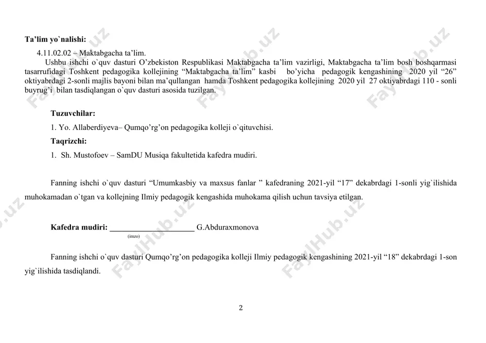 va baholash. 16 vii. tavsiya etilayotgan adabiyotlar ro`yxati. 19 “bolalarning musiqiy ta’limi” fani ishchi o`quv dasturiga ekspert xulosasi. 20 i. o`quv fanining maqsad va vazifalari, o`zlashtirish natijalari. ajratilgan soat 60 o’quv ishchi dastur nomi bolalarning musiqiy ta’limi inson tafakkuri nihoyatda kuchli bo‘lib, bu kuchning beqiyosligi uning yoshligidan bilimlarni qanday va qancha o‘zlashtirishiga juda bog‘liqdir. pedagog va psixologlarimiz fikricha bola 5 yosh gacha insoniyat tajribasining 50- 60% o‘zlashtirar ekan, demak mana shu yosh gacha bolaga eng kerakli bilimlarni yoshiga mos ravishda berish bolaning kelajakda qanday inson bo‘lishiga juda katta turtki bo‘ladi. “ilk qadam” davlat dasturining maqsad, vazifalari va tamoyillarini, hujjat tuzilmasi, ilk va maktabgacha yoshdagi bolalarni oʼqitish va rivojlantirish uchun dasturning ustunligi haqida bilim berish. dasturning maqsadi o’quvchilarning musiqaviy ko’nikma va malakalarini rivojlantirish, hamda musiqa haqida tushuncha berish bilan musiqadan zavqlanishni, musiqa adabiyotlaridan foydalanish, musiqa tinglash, qo’shiq kuylash, musiqiy ritmik harakat bajarishga o`quvchilarni jalb qilish, musiqani amaliyot bilan bog’lash, mavzularga mos …
