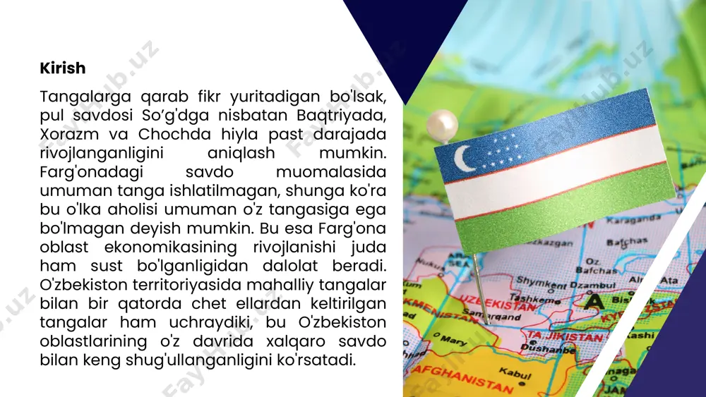 rda, ya'ni vi—vii asrlarda chochda bir necha xilda ko'plab tangalar. zarb qilingan. ularda sug'd yozuvlari, tamg'alari, podshoning boshi yoki rafiqasining rasmi ifodalanar edi. tanga pullar xilining ko'pligi chochda pul savdosining juda ham rivojlanganligini ko'rsatadi. yaqinda samarqand muzey kolleksiyasidan v—vi asrlarga oid farg'onannng tangasini topishga muvaffaq bo'lindi. qadimiy farg'ona yozuvi bo'lgan bu yodgorlik o'sha davr xalqlarining tilini o'rganishda yakkayu- yagona yodgorlik hisoblanadi. keyinchalik vii—viii asrlarda farg'onada to'rt burchak shaklidagi teshikka ega bo'lgan, sug'd yozuvi tushirilgan tangalar chiqarildi. arxeologlarining olib borgan qazuv ishlari vii—viii asrlarda o'rta osiyo xalqlari yuksak madaniyatga ega bo'lganligini ko'rsatadi. o'sha davrlarda zarb qilingan tangalar esa mazkur madaniyatni yana to'ldiradi hamda ekonomikani birinchi navbatda tavar pul munosabatlarini barq urib gullaganligidai dalolat beradi. vizantiya tangalarining o'rta osiyoga kirib kelishi haqida dastlabki umumiy ma'lumotlarni m.ye.masson 1951 yilda bergan. u vizantiya tangalarining o'rta osiyoga kirib kelishini 4-bosqichini ko'rsatgan. 395 y- vi asr o'rtalari. vi asr o'rtalari – viii asr boshlari. xi asr …