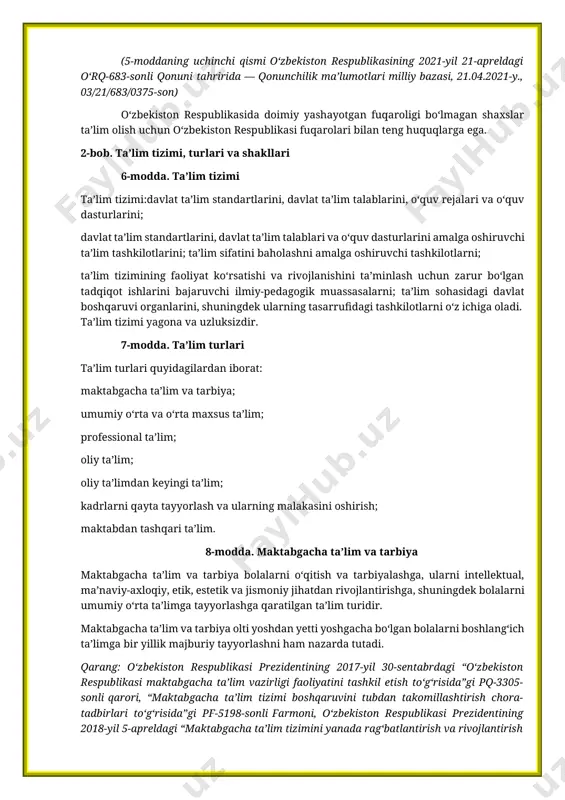 ta’limdan keyingi ta’lim; kadrlarni qayta tayyorlash va ularning malakasini oshirish; maktabdan tashqari ta’lim. 8-modda. maktabgacha ta’lim va tarbiya maktabgacha ta’lim va tarbiya bolalarni o‘qitish va tarbiyalashga, ularni intellektual, ma’naviy-axloqiy, etik, estetik va jismoniy jihatdan rivojlantirishga, shuningdek bolalarni umumiy o‘rta ta’limga tayyorlashga qaratilgan ta’lim turidir. maktabgacha ta’lim va tarbiya olti yoshdan yetti yoshgacha bo‘lgan bolalarni boshlang‘ich ta’limga bir yillik majburiy tayyorlashni ham nazarda tutadi. qarang: o‘zbekiston respublikasi prezidentining 2017-yil 30-sentabrdagi “o‘zbekiston respublikasi maktabgacha ta’lim vazirligi faoliyatini tashkil etish to‘g‘risida”gi pq-3305-sonli qarori, “maktabgacha ta’lim tizimi boshqaruvini tubdan takomillashtirish chora-tadbirlari to‘g‘risida”gi pf-5198-sonli farmoni, o‘zbekiston respublikasi prezidentining 2018-yil 5-apreldagi “maktabgacha ta’lim tizimini yanada rag‘batlantirish va rivojlantirish chora-tadbirlari to‘g‘risida”gi pq-3651-sonli qarori, “maktabgacha ta’lim tizimini boshqarishni takomillashtirish chora-tadbirlari to‘g‘risida”gi pq-3955-sonli qarori. maktabgacha ta’lim va tarbiyani tashkil etish tartibi ushbu qonun, shuningdek “maktabgacha ta’lim va tarbiya to‘g‘risida”gi o‘zbekiston respublikasi qonuni bilan belgilanadi. qarang: o‘zbekiston respublikasi “maktabgacha ta’lim va tarbiya to‘g‘risida”gi qonunining 9-bobi. 9-modda. umumiy o‘rta va o‘rta …