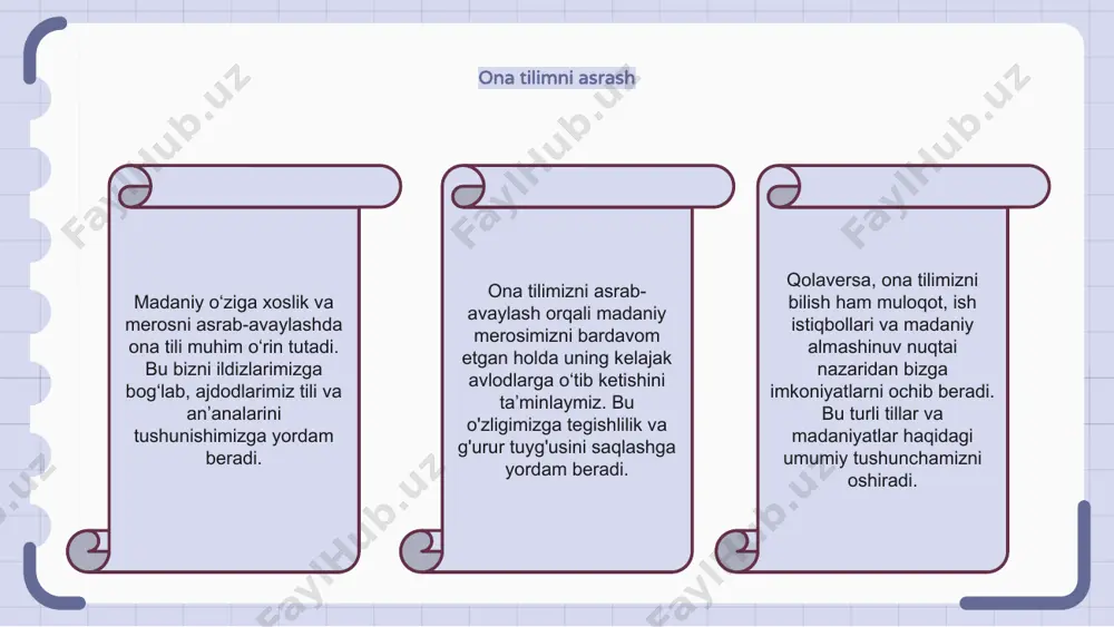 ing an'anaviy amaliyotlarida chuqur ildiz otgan. o‘z ona tilida so‘zlash orqali o‘zimdan oldingi avlodlardan meros bo‘lib kelgan boy madaniy meros va qadriyatlarni asrab-avaylash va ularga yetkazishga qodirman. ona tilim orqali men yoshi ulug‘ oila a’zolari bilan bog‘lanib, ularning donoligi va tajribalarini o‘rgana olaman. ona tilimning kundalik hayotimga ta'siri ona tilim kundalik hayotimda muhim o‘rin tutadi. bu mening oilam va do'stlarim bilan osongina muloqot qilishimga imkon beradigan eng qulay tildir. uyda, maktabda, hatto ishda bo‘lsin, kundalik suhbatlarimda ona tilimdan foydalanaman. bu mening fikr va his-tuyg'ularimni to'g'riroq ifodalashimga yordam beradi, chunki men tilning nozik tomonlarini yaxshi bilaman. qolaversa, ona tilim meni madaniy merosim va o‘zligim bilan bog‘lab turadi. bu mening ildizlarimni va avlodlardan avlodga o‘tib kelayotgan an’analarimni eslatadi. bu mening kimligimning bir qismi va mening dunyoqarashimni shakllantiradi. ona tilim: merosimga oyna ona tilim yoki men birinchi bo‘lib o‘rgangan tilim mening merosim uchun bir oynadir. bu meni oilamning urf-odatlari va madaniyati bilan bog‘laydi. …