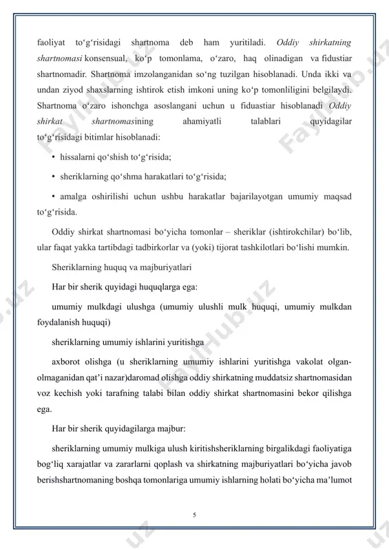 holda tuzilgan oddiy shirkat shartnomasi sheriklardan birining talabi bilan oʻzi va qolgan sheriklar oʻrtasidagi munosabatlarda bekor qilinganda;oddiy shirkat shartnomasining muddati oʻtganda; sherikning ulushi uning kreditori talabi bilan ajratilganda, ushbu moddaning ikkinchi xatboshisida koʻrsatilgani bundan mustasno.fkda yoki shartnomada nazarda tutilgan boshqa asoslarda.oddiy shirkat shartnomasini bekor qilish holatida:sheriklarning umumiy egaligiga berib qoʻyilgan ashyolar tegishli sheriklarga qaytariladi (xususan, ushbu qoida yakka tartibda belgilanadigan ashyoga nisbatan qoʻllaniladi).sheriklar bajarilmagan umumiy majburiyatlar boʻyicha solidar javobgar boʻladilar.shirkat, xoʻjalik shirkati — jismoniy va yuridik shaxslarning shartnoma asosida va hamkorlikda xoʻjalik faoliyati yuritish maqsadlarini koʻzlaydigan ixtiyoriy birlashmasi. shirkat aʼzolari xoʻjalik shartnomasi asosida ish yuritadilar, unda shirkatning maqsadlari, shirkat mulkini barpo etishda aʼzolar ishtiroki va badal miqdori, olinadigan foydaning taqsimlanishi hamda shirkat tugatilganda mulkning oʻzaro taqsimlanishi, boshqarishda ishtirok etish huquqlari belgilab qoʻyiladi. shirkat mulki hamisha shirkat aʼzolarining hissaviy badallari negizida shakllanadi. mulkni barpo etish tamoyili shirkat turiga bogʻliq. muassislik shartnomasi va ustav sh. ning taʼsis hujjatlari hisoblanadi. uzbekiston respublikasi va …