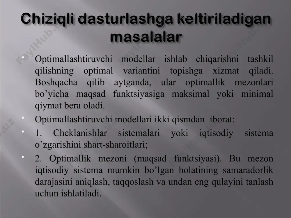 an misollar. masala. xususiy kichik korxona 4 mln. 200 ming so’mlik xom ashyo olib, yotoqxona va mehmonxona mebellari to’plami ishlab chiqarmoqchi. ishchilar uchun alohida pul ajratilgan, ko’pi bilan duradkorlar uchun 300 mingso’m, tikuvchilar uchun 120 ming so’m,yig’uvchilar uchun 400ming co’m mo’ljallangan. yotoqxona mebellarining bir to’plamini tayyorlashga duradgor 4 ming, tikuvchilar 1ming, yig’uvchilar 5 ming, mehmonxona mebellarining bir to’plamini tayyorlashga esa duradgor 7 ming, tikuvchilar 4 ming, yig’uvchilar 8 ming so’m pul talab etishadi. yotoqxona mebellarining bir to’plamini tayyorlash uchun 90 ming, mehmonxona mebellarining bir to’plamini tayyorlash uchun esa 60 ming so’mlik xom ashyo kerak bo’ladi. korxona yotoqxona mebellarining bir to’plamini sotishdan 50 ming, mehmonxona mebellarining bir to’plamini sotishda esa 65 ming so’m foyda ko’radi. korxona ixtiyoridagi pul mablag’idan eng ko’p foyda olishi uchun qancha yotoqxona mebellari va qancha mehmonxona mebellari to’plami tayyorlashlari kerak. bu masalani modelini tuzish uchun ma’lum va noma’lumlarni jadvalga yozamiz. yotoqxona to’plami uchun (ming) mehmonxona to’plami uchun …