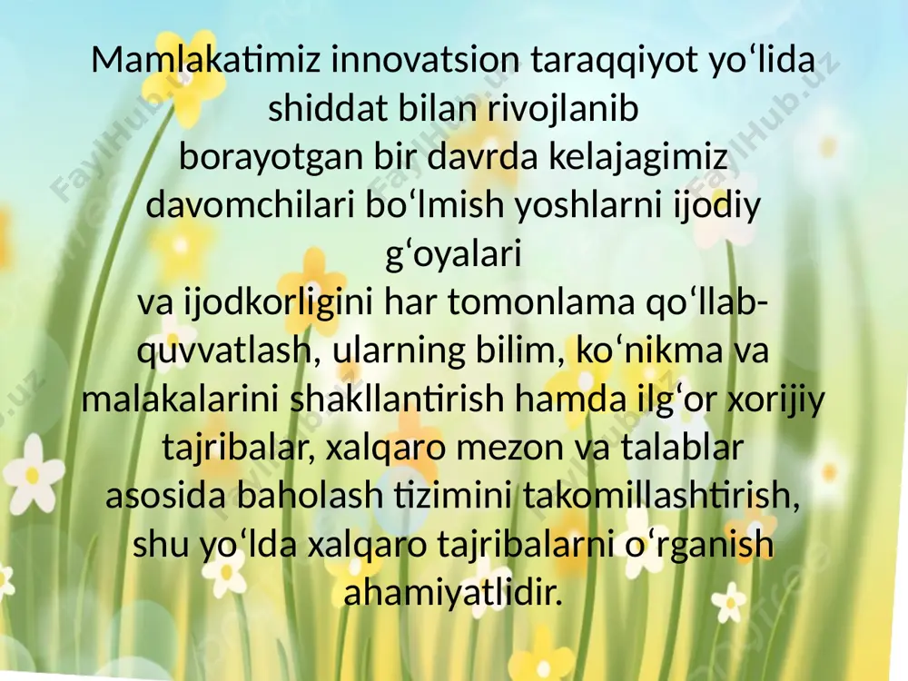 lim olish muhitini hamda o‘qituvchilarning ish sharoitlarini o‘rganish. xalqaro baholash dasturlari bo‘yicha xalqaro tadqiqotlarda o‘zbekiston respublikasining ishtirok etishiga tayyorgarlik ko‘rish bo‘yicha «yo‘l xaritasi» ishlab chiqildi, unga ko‘ra, masalan; o‘quvchilar mustaqil ta’lim olishlari uchun elektron shakldagi ta’limni rivojlantirish, unda o‘qish, matematika va tabiiy yo‘nalishdagi fanlardan xalqaro tadqiqotlar bo‘yicha savollar bazasini yaratish hamda boyitib borishda o‘quvlar tashkil etish kabilar belgilangan. pisa testlari maktab oʻquvchilarining haqiqiy hayotda kerak boʻladigan hodisalarni tahlil qilish, ulardan xulosa chiqarish va muloqotga kirishish koʻnikmalarini qay darajada egallayotganini, taʼlim tizimining bu oʻzgarishlarga qanchalik moslashayotganini aniqlash maqsadida oʻtkaziladi. ushbu dastur 1997-yilda joriy etilgan boʻlib, har uch yilda bir marta oʻtkaziladi, birinchi marta 2000-yilda oʻtkazilgan. har uch yilda bitta fan yoʻnalishiga afzallik berilib, jami testlar majmuasining deyarli 50% shu fanga mansub boʻladi. 2000-yilda ilk bor oʻqish savodxonligiga urgʻu berilgan. test iqtisodiy hamkorlik va taraqqiyot tashkiloti (oecd) tomonidan yetakchi xalqaro ilmiy tashkilotlar bilan konsorsiumda, milliy markazlar ishtirokida tashkil etiladi. tadqiqotda iqtisodiy hamkorlik …