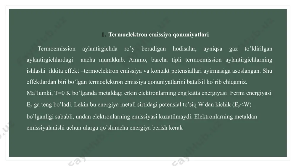 ushbu formula bo’yicha aniqlanadi: bunda, e-elektronning kinetik energiyasi, vx-elektron tezligining x komponenti n ( p) bir birlik (6-o’lchamli) fazoviy fazo hajmidagi elektronlar soni, ya’ni termoelektron emissiya jarayoni uchun energetik sxema. bu ifoda richardson-deshman tenglamasi deb ataladi. termoelektron tok zichligi tenglamasini ushbu ko’rinishda yozamiz. bu yerda katoddan chiqqan elektronlarning vakuumdagi yoki gazdagi harakat qonuniyatlarini tekshirishda termokatoddan emissiyalanayotgan elektronlarning tezlik bo’yicha taqsimotini bilish muhim ahamiyat kasb etadi. metall ichidagi elektron gaz aynigan holatda bo’lganligi sababli elektronlarning tezlik bo’yicha taqsimoti ham fermi-dirak taqsimoti funksiyasi orqali aniqlanadi: bu yerda elektron tezligining komponentalari elektronning effektiv massasi. foydalanilgan adabiyotlar ro’yxati добрецов л.н., гомоюнова м.в. эмиссионная электроника, м., 1966. фоменко в.с.. эмиссионные свойства материалов, киев, 1970. термоэлектронные катоды, справочник, м., 1966. ушаков б.а... основы термоэмиссионного преобразования энергии. 1974 каландаришвили а.г. источники рабочего тела для термоэмиссионных преобразователей энергии. - 2-е издание, доп. - м.: энергоатомиздат, 1993 г. - стр.272 термоэмиссионный преобразователь. патент росии, №2390872 x.k. aripov, a.m. abdullayev, …