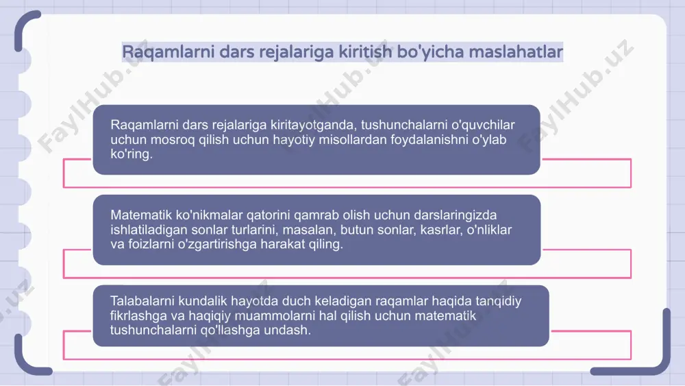 lashning kundalik hayotdagi ahamiyatini anglash orqali o‘quvchilarda tanqidiy fikrlash, muammoni yechish ko‘nikmalari rivojlanadi, kelajakda ongli qarorlar qabul qilinadi. turli sanoq sistemalari va ulardan foydalanishni o‘rganish ushbu slaydda biz raqamlarning ajoyib olami bilan tanishamiz va turli xil sanoq tizimlarini o'rganamiz. turli tizimlarda raqamlar qanday ishlashini tushunish matematik tushunchalarni o'zlashtirish uchun juda muhimdir. biz kompyuter fanlari, muhandislik va moliya kabi turli sohalarda turli xil sanoq tizimlaridan foydalanishni muhokama qilamiz. ushbu tizimlar haqida o'rganish raqamlarni real stsenariylarda qanday qo'llash mumkinligi haqidagi tushunchamizni kengaytiradi. ushbu darsning oxirida siz raqamlarning ko'p qirraliligini va ularning kundalik hayotimizdagi ahamiyatini chuqurroq tushunasiz. turli xil raqam tizimlari va ularning amaliy qo'llanilishi sirlarini ochishga tayyor bo'ling. raqamlardan foydalanib, muammoni hal qilish ko'nikmalarini rivojlantirish darslarga raqamlarni kiritish muammoni hal qilish qobiliyatini oshirishi mumkin. talabalar raqamli mashqlar va real dunyo ilovalari orqali tanqidiy fikrlash va tahliliy ko'nikmalarni rivojlantirishlari mumkin. raqamlardan foydalanish o'rganishga amaliy yondashuvni ta'minlaydi. bu mantiq, fikrlash va qaror qabul qilishga …