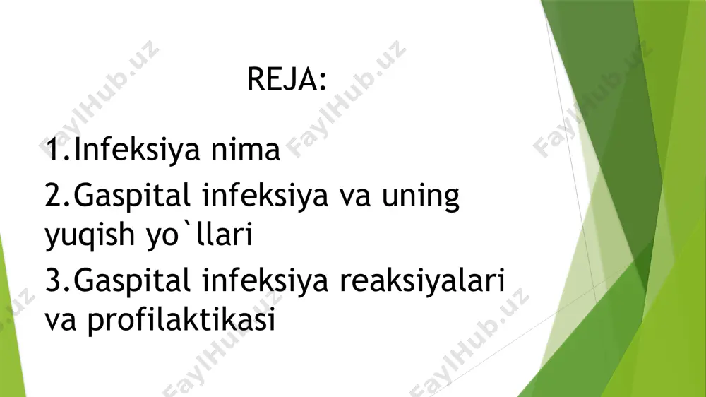 uhim rol o ʻ ynaydi. 1) spetsifikligi, ya ʼ ni muayyan biologik turning organizmda yashashi (mas, qizamiqvirusi faqat odam orga- nizmida parazitlik qiladi) va faqat o ʻ zi uchun harakterli infeksion kasallikni qo ʻ zg ʻ atishi; 2) virulentligi, ya ʼ ni kasallikka nechog ʻ li sabab bo ʻ la olishi 3) muayyan a ʼ zolarda (aksari ichki a ʼ zolarda) joylasha olishi (mas, gonokokk siydik yo ʻ llari bilan ko ʻ z shilliq pardasida;stafilakokklar va streptakokklar jinsiy a'zolarda; meningokokk miya pardalarida, dizenteriya tayoqchalari yo ʻ g ʻ on ichak de-vorida yashab ko ʻ payadi). gospital infeksiya bu mikroblar orqali kelib chiqadigan har qanday kilinik ifodalangan kasallik bolib kasalhonada bolgan bemorda yuzaga keladi bazan nafaqat bemorlarda balki hamkasb shifokorlarda ham uchrab turadi gospital infeksiya yuqish yollari aerozolli-hova tomchilari orqali. kantaktli boshqalar bilan bolgan aloqalari. fekolno orol yoli bevosita oziq ovqat va ichimlik orqali. gemokantakt yoli orqali. artifitsial xirugik anjomlar orqali …