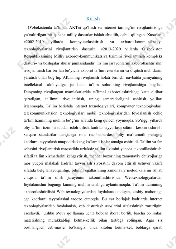 mos yuqori malakali kadrlar tayyorlash siyosatini davom ettirish ustuvor vazifa sifatida belgilanayotganligi, bilimni egallashning zamonaviy metodikalarini ishlab chiqish, ta’lim olish jarayonini takomillashtirishda webtexnologiyalardan foydalanishni bugungi kunning muhim talabiga aylantirmoqda. ta’lim tizimining axborotlashtirilishi web-texnologiyalardan foydalana oladigan, kasbiy mahoratga ega kadrlarni tayyorlashni taqozo etmoqda. bu esa bo‘lajak kadrlarda internet texnologiyalaridan foydalanish, veb dasturlash asoslarini o‘zlashtirish zarurligini asoslaydi. ushbu o‘quv qo‘llanma uchta bobdan iborat bo‘lib, barcha bo'limlari materialning murakkabligi ketma-ketlik bilan tartibga solingan. agar siz boshlang'ich veb-master bo'lsangiz, unda kitobni ketma-ket, boblarga qarab o'rganish kerak. agar biron-bir bobning materiallari ilgari o'rganilgan bo'lsa, keyingi bobga o'tishingiz mumkin. web-sahifaning deyarli barcha elementlarining aniq xususiyatlarini ko'rsatishingiz mumkin. bu veb-brauzer oynasida vebsahifaning ko'rinishini boshqarishga imkon beradi va veb-dizayn imkoniyatlarini ish stoli ko’rinishiga yaqinlashtiradi. dasturchi shrift parametrlarini, matn va fon rangini, tekislashlarnini belgilashi, forma yaratishi va sahifadagi elementlarni har qanday tarzda tartibga solishi mumkin. css-ning yangi versiyasi - css3 - shuningdek, gradient fonni, matn uchun soyalarni va sahifaning …