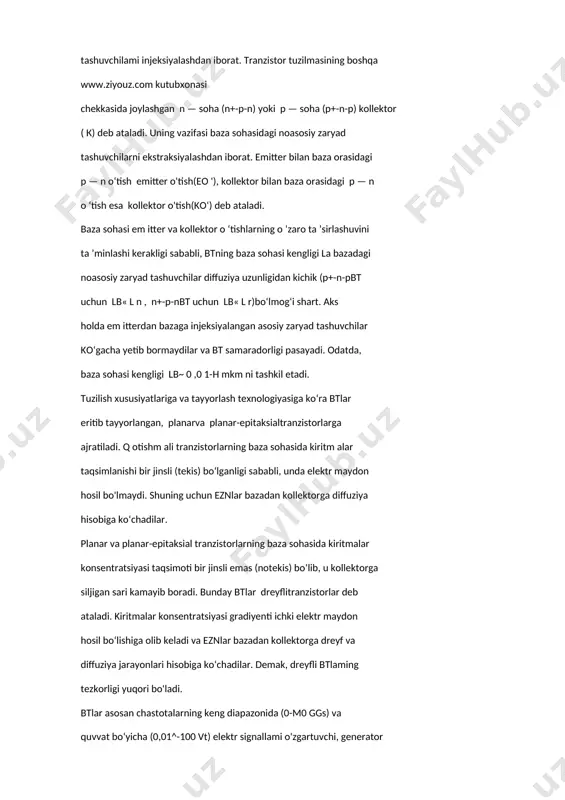 m ni tashkil etadi. tuzilish xususiyatlariga va tayyorlash texnologiyasiga ko‘ra btlar eritib tayyorlangan, planarva planar-epitaksialtranzistorlarga ajratiladi. q otishm ali tranzistorlarning baza sohasida kiritm alar taqsimlanishi bir jinsli (tekis) bo‘lganligi sababli, unda elektr maydon hosil bo'lmaydi. shuning uchun eznlar bazadan kollektorga diffuziya hisobiga ko‘chadilar. planar va planar-epitaksial tranzistorlarning baza sohasida kiritmalar konsentratsiyasi taqsimoti bir jinsli emas (notekis) bo‘lib, u kollektorga siljigan sari kamayib boradi. bunday btlar dreyflitranzistorlar deb ataladi. kiritmalar konsentratsiyasi gradiyenti ichki elektr maydon hosil bo‘lishiga olib keladi va eznlar bazadan kollektorga dreyf va diffuziya jarayonlari hisobiga ko‘chadilar. demak, dreyfli btlaming tezkorligi yuqori bo'ladi. btlar asosan chastotalarning keng diapazonida (0-m0 ggs) va quvvat bo‘yicha (0,01^-100 vt) elektr signallami o'zgartuvchi, generator va kuchaytirgich sxemalarni hosil qilish uchun ishlatiladi. btlar chastota bo‘yicha: past chastotali — 3 m gs gacha; o ‘rta chastotali 0,3-^30 mgs; yuqori chastotali 30-^300 m gs; o ‘ta yuqori chastotali — 300 mgs dan yuqori guruhlarga boiinadi. quvvat bo'yicha …
