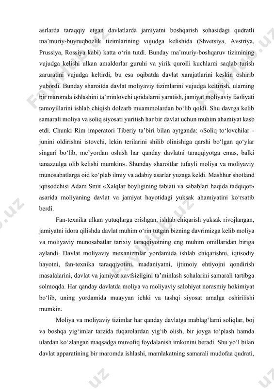 tining bir maromda ishlashi, mamlakatning samarali mudofaa qudrati, insonparvarlik sohalarining rivoji, jamiyatning kam ta’minlangan va yordamga muhtoj bo‘lgan tabaqalarining ijtimoiy jihatdan himoyalanishi ta’minlanadi, iqtisodiyotning ustuvor yo‘nalishlarini tezroq rivojlantirish choralari ko‘riladi. shunday qilib, moliyaning asosiy belgilari quyidagilardan iborat: 1. pul munosabatlari, ya’ni pul moliyani mavjud bo‘lishi va amal qilinishini moddiy asosi hisoblanadi (pul yo‘q joyda moliya bo‘lmaydi). 2. islohotlarning bosh tashkilotchisi bo‘lmish davlatning mavjudligi. 3. pul munosabatlari jarayonida umumdavlat pul fondlarini shakllanish jarayoni amalga oshiriladi. aytish mumkinki, moliyaning alohida belgisi uning fondli xarakteridir. 4. budjetga mablag‘larning doimiy tushishi soliqlar, yig‘imlar va boshqa to‘lovlarga davlatning majburiy tazyiqi xususiyatini o‘z-o‘zidan bermaydi va bu holat davlatning huquqiy-me’yoriy asoslarini yaratishga qaratilgan ijodiy faoliyati vositasida hamda bunga xos fiskal apparatning yaratilishi bilan ta’minlanadi. mazkur belgilar bo‘yicha moliyani barcha pul munosabatlari yig‘indisidan xatosiz ajratib olish mumkin. misol uchun, fuqarolar o‘rtasida, fuqarolar va chakana savdo o‘rtasidagi (hattoki, chakana narxlarni davlat tomonidan tartibga solish sharoitida ham) yuzaga keladigan pul …
