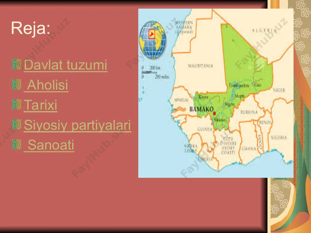tarkibidagi kasaba uyushmalari ko`magida mamlakatda yetakchi siyosiy kuch bo`lib qoldi. 1957 y. uning deputatlari territorial assambleyada birinchi marta ko`p ovoz olishga muvaffaq bo`ldilar. 1960 y. 22 sent.da sudan respublikasini m. respublikasi nomi bilan suveren va mustaqil davlat deb eʼlon qildi va u fransiya hamjamiyatidan chikdi. sudan ittifoqi partiyasining bosh kotibi m. keyta respublika prezidenta bo`ldi. 1968 y. noyab.dagi davlat to`ntarishi natijasida hokimiyatni m. traore (1979—91 y.larda prezident) boshchiligidagi milliy ozodlik harbiy qo`mitasi egalladi. 1979 y. m. boshkaruvning fuqarolik shakliga o`tdi. 1991 y. 25 martda davlat to`ntarishi sodir bo`ldi. hokimiyatni qo`lga olgan a. t. ture boshchiligidagi xalqni qutqarish qo`mitasi demokratik islohotlar o`tkazishga kirishdi. 1992 y. 1-yarmida o`tkazilgan ko`p partiyali asosdagi parlament va prezident saylovi fuqarolar boshqaruviga o`tishni nihoyasiga yetkazdi. m. respublikasi o`zr suverenitetini 1992 y. 24 yanvarda tan oldi. milliy bayrami — 22 sent. — mustaqil kuni (1960). siyosiy partiyalari, kasaba uyushmalari m.da demokratiya uchun alyans — panafrika ozodlik, birdamlik va …