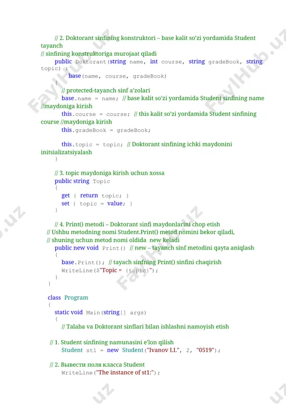 e instance of dok1:"); dok1.print(); } } } 1.3. dasturning natijasi the instance of st1: the values of fields are: name = ivanov i.i. course = 2 gradebook = 0519 --------------------- the instance of dok1: the values of fields are: name = ivanov i.i. course = 2 gradebook = 0519 topic = hello world! ⇑ 2. реализация наследования на примере класса book 2.1. условие задачи задан класс book, который описывает книгу. класс содержит следующие элементы: · название книги; · фамилия и имя автора; · стоимость книги. в классе book нужно реализовать следующие методы: · конструктор с 3 параметрами; · свойства get/set для доступа к полям класса; · метод print(), который выводит информацию о книге. разработать класс bookgenre, который наследует возможности класса book и добавляет поле жанра (genre). в классе bookgenre реализовать следующие элементы: · конструктор с 4 параметрами – реализует вызов конструктора базового класса; · свойство get/set доступа к внутреннему …
