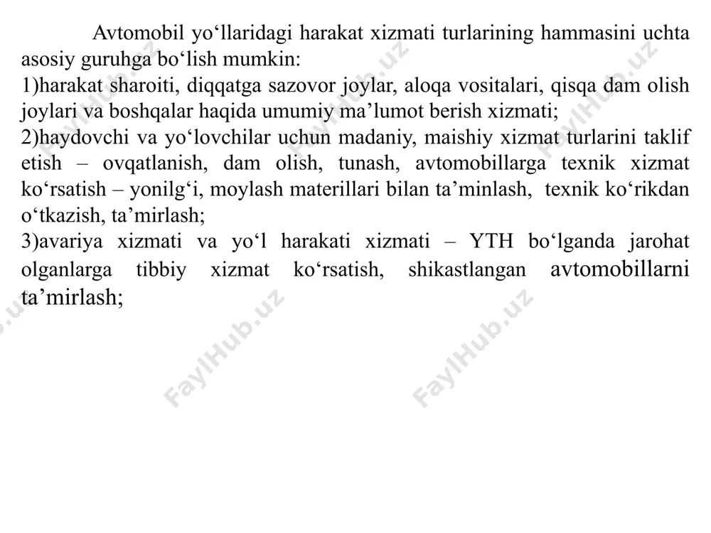 amping avtomobil yo`lida joylashgan ayqsh 2.haydovchi va yo‘lovchilarning dam olishini uyushtirish va ularga kompleks xizmat qilish asoslari haydovchilar va yo‘lovchilarning harakat xizmatiga, xizmat komplekslarining joylashishiga, ularning tarkibiga talabi safardan maqsad, uning xususiyati, davomiyligi, haydovchilar mehnatining o‘ziga xos tomonlari, yo‘lovchilarning odatlari, yoshi, ob-havo sharoiti va yana ko‘p boshqa omillarga bog‘liq bo‘ladi. kompleks xizmat tashkil qilishda juda ko‘p omillarni hisobga olish kerakligi bu vazifa aniq bir usul bilan hal qilishni murakkablashtiradi. shu bilan birga bu masalada qabul qilinadigan qaror xizmat komplekslarining haydovchilar mehnat qobiliyatiga ta’sir qilishi, ular charchashini kamaytirishi, komplekslarning yo‘lovchilar, transport vositalariga texnik xizmat qilish talablariga muvofiq bo‘lishiga asoslanishi kerak. vazifasiga qarab xizmat turlarini to‘rtta asosiy guruhga bo‘lish mumkin: - birinchi guruhga haydovchilar va yo‘lovchilarning dam olishini, ya’ni birinchi navbatda ularning ovqatlanishi, tunashi, qisqa dam olishini ta’minlaydigan xizmat turlari kiradi; - ikkinchi guruhga transport vositalariga texnik xizmat ko‘rsatish – yoqilg‘i quyish, moylash, texnik tekshirish, ta’mirlash kiradi; - uchinchi guruhga yo‘nalishda harakatlanish …