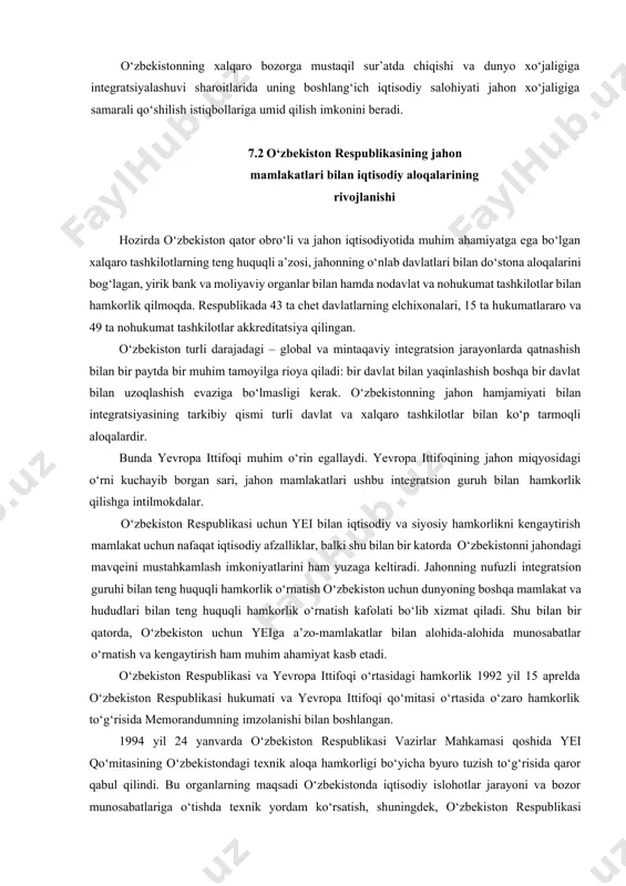 qozog‘iston respublikasi bilan mustahkam transport aloqasiga ega. bu aloqa orqali respublikamizning rossiya, xitoy, osiyoning boshka davlatlari va tinch okeani regioni avtoyo‘llariga chiqishi ta’minlanadi. o‘zbekistonning bevosita ishtirokida transosiyo magistralining bir qismi hisoblangan, janubiy-sharqiy osiyoni g‘arbiy yevropa bilan tutashtiradigan va transsibir magistralidan 1500 km qisqa bo‘lgan tajan-seraxs-mashxad yangi yo‘li ishga tushirildi. shu bilan bir qatorda o‘zbekiston va markaziy osiyo mamlakatlariga poti porti orqali yevropa bilan bog‘lanish imkoniyatini beruvchi turkmaniston va transkavkaz yo‘li orqali o‘tgan transport yo‘lagi o‘zlashtirildi. respublika avtomobil yo‘llaritarmog‘i rivojlanishining asosiy ko‘rsatkichlari bo‘yicha mdh mamlakatlari orasida yetakchi o‘rinda turadi. mavjud avtomobil yo‘llari respublika hududdi orqali qirgiziston, turkmaniston, tojikiston, afg‘oniston, ular orqali esa pokiston, hindiston, eron, janubi-sharqiy osiyo davlatlari yo‘llariga tranzit yuk va yo‘lovchilarning uzluksiz o‘tishini ta’minlaydi. o‘zbekiston milliy aviakompaniyasi boing- 747, a-310, il-86, tu-154 va boshqa shu kabi zamonaviy havo laynerlariga va mahalliy yo‘llarga mo‘ljallangan ko‘p miqdordagi havo kemalariga ega. hozirgi vaqtda o‘zbekiston mdhning bir necha yirik shaharlari va jahonning 20ta …