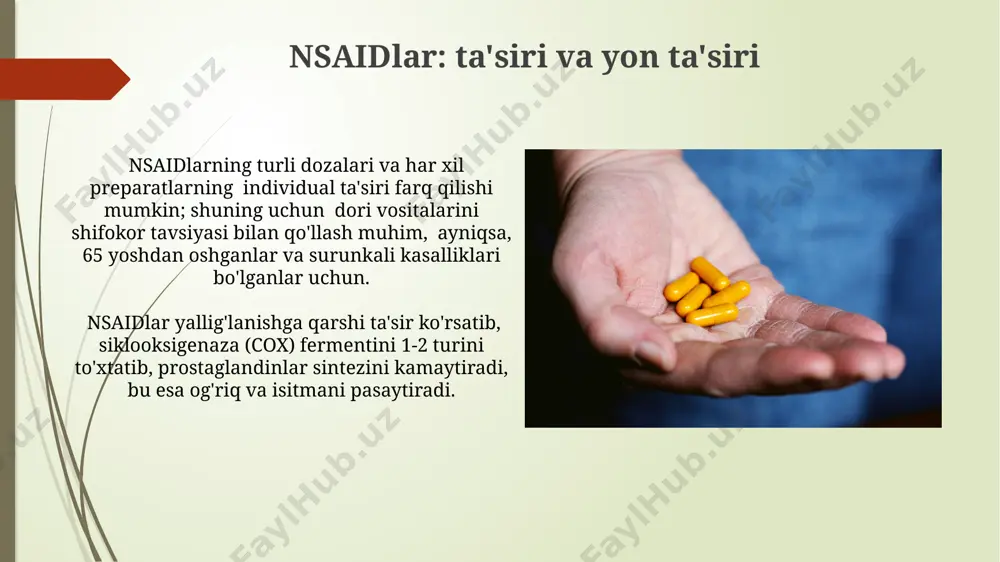 kiritilgan va faqat shifokor retsepti bilan beriladi, ularning dozasini shifokor nazorati ostida aniqlash kerak. og'riq qoldiruvchi dorilarning asosiy 3 turi mavjud: analjeziklar (masalan, paratsetamol, ibuprofen), opioidlar (morfin, kodein kabi kuchli og'riq qoldiruvchilar) va nsaidlar (non-steroid yallig'lanishga qarshi dorilar, masalan, ibuprofen, diklofenak). opioid analjeziklar: xususiyatlari va qo'llanilishi opioid analjeziklar kuchli og'riq qoldiruvchi ta'sirga ega bo'lib, μ-opioid retseptorlariga ta'sir qiladi va og'riq impulslarini miyaga yetkazilishini bloklaydi, shu bilan og'riqni kamaytiradi. opioid analjeziklarning dozalari individual ravishda bemorning og'riq darajasi va jismoniy holatiga qarab, shifokor tomonidan belgilanadi, odatda 5-10 mg dan boshlanadi. xavf guruhlari va ehtiyot choralari nsaids guruhiga kiruvchi og'riq qoldiruvchi dori vositalarini 14 kundan ortiq uzluksiz qabul qilish me'da-ichak yo'llarida qon ketish xavfini 2-3 baravar oshirishi mumkin. ba'zi og'riq qoldiruvchi dori vositalari jigar faoliyatiga salbiy ta'sir ko'rsatishi mumkin, shuning uchun jigar kasalliklari bo'lgan bemorlarda ehtiyotkorlikka rioya qilish va dozani shifokor nazorati ostida kamaytirish kerak. e'tiboringiz uchun rahmat @taqdimot_robot image1.jpg image2.jpg image3.jpg image4.jpg …