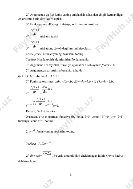 ) formula nn uchun o‘rinli. (6)da =-1 bo‘lsin. u holda funksiyaning n-tartibli hosilasi (7) formula bilan topiladi. 2) y=lnx (x>0) funksiyaning n-tartibli hosilasini topamiz. bu funksiyainng birinchi hosilasi bo‘lishidan hamda (6) formuladan foydalansak, (8) formula kelib chiqadi. 3) y=sinx bo‘lsin. ma’lumki, bu funksiya uchun y’=cosx. biz uni quyidagi ko‘rinishda yozib olamiz. so‘ngra y=sinx funksiyaning keyingi tartibli hosilalarini hisoblaymiz. bu ifodalardan esa y=sinx funksiyainng n-tartibli hosilasi uchun (9) formula kelib chiqadi. uning to‘g‘riligi yana matematik induksiya usuli bilan isbotlanadi. xuddi shunga o‘xshash (10) ekanligini ko‘rsatish mumkin. masalan . ikkinchi tartibli hosila sodda mexanik ma’noga ega. faraz qilaylik moddiy nuqtaning harakat qonuni s=s(t) funksiya bilan aniqlangan bo‘lsin. u holda uning birinchi tartibli hosilasi v(t)=s’(t) harakat tezligini ifodalashi bizga ma’lum. ikkinchi tartibli a=v’(t)=s’’(t) hosila esa harakat tezligining o‘zgarish tezligi, ya’ni harakat tezlanishini ifodalaydi. misol. moddiy nuqta s=5t2+3t+12 (s metrlarda, t sekundlarda berilgan) qonun bo‘yicha to‘g‘ri chiziqli harakat qilmoqda. uning o‘zgarmas kuch ta’sirida harakat …