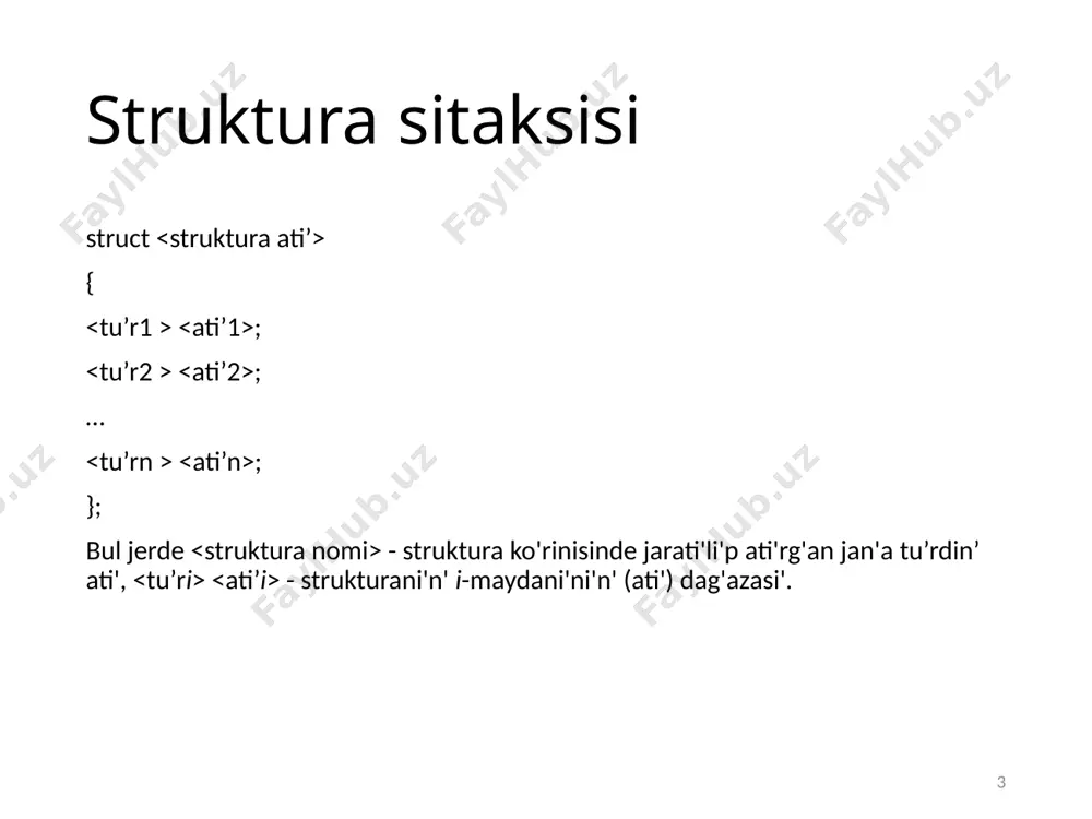 { student * k_student; k_talaba=(student*) malloc(n*sizeof(student) ) ; student_kirgiziw(k_student) ; studentler_fish(*k_student) ; return 0; } 15 16 strukturalarda ko'rsetkish (misal) void studentler_fish(student & t) ; { for(int i=0; i fish fish, 30) ; cout >(t+i) ->kurs; ... } } 16 image1.jpeg /docprops/thumbnail.jpeg
