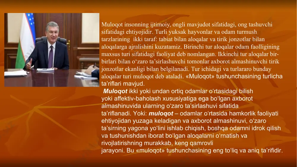 hlar uyg‘unligidan iborat, ayni vaqtda shu tovushlarga mos yozuv belgilari tizimi orqali ifodalangan ma’no va mazmunga ega. til – shartli belgilar tizimi bo‘lib, ularning yordamida odamlar uchun muayyan ma’noga va mazmunga ega bo‘lgan tovushlar yig‘indisi uzatiladi. nutqda alohida insonning ruhiyati ifoda topadi. nutq xususiy jihatdan alohida shaxsga xos bo‘lib, unda alohida olingan insonning psixologiyasi aks etadi, til esa hamma uchun bittadir. nutq orqali bildirilgan ishoralar yordamida muayyan predmet, harakat, holat va h.k. ifodalanadi. so‘z esa, predmet yoki hodisa to‘g‘risidagi tasavvur bilan bog‘liq. umumlashtirish funksiyasi har bir so‘z umumlashtirish xususiyatiga ega ekanligi bilan bog‘liq, bu esa tafakkurning yuzaga chiqishiga imkon yaratadi. fikr almashuv, ya’ni muloqot muayyan ma’lumotlarni, fikrlarni, tuyg‘ularni odamlar bir-birlariga etkazib berishdan iborat bo‘lgan jarayondir. inson nutqining aniqligi cheklangan miqdordagi nutqiy belgilar – turli murakkablikdagi tarkibiy qismlar (tovushlar, bo‘g‘inlar, so‘zlar va gaplar) yordamida insonning cheksiz-chegarasiz turli-tuman fikrlarini, maqsadlarini va tuyg‘ularini ifodalash imkonini beradi. muloqot mazmuni – bu individualliklararo aloqalarda bir …