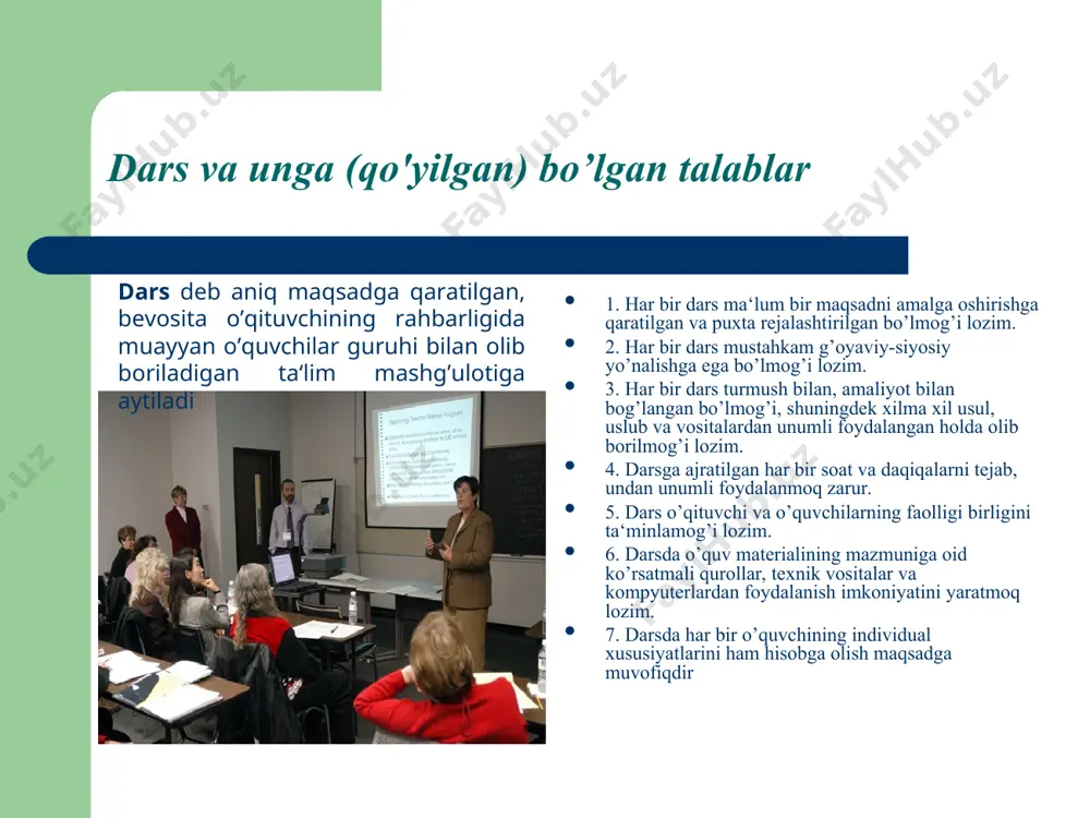 iy o'rta ta'lim o'rta maxsus, kasb-hunar ta'limi oliy ta'lim oliy o'quv yurtidan keyingi ta'lim kadrlar malakasini oshirish va ularni qayta tayyorlash maktabdan tashqari ta'lim * ta'lim shakllarini optimallashtirish maqsadida, inson va texnika resurslari va ularning o'zaro ta'sirini hisobga olgan holda, butun o'qitish va bilimlarni o'zlashtirish jarayonini yaratish, qo'llash va aniqlash tizimidir. (yunesko) * ta'lim beruvchi va ta'lim oluvchining muayyan maqsadga qaratilgan birgalikdagi faoliyatini tashkil qilishning tartibga solingan yo'llar yig'indisi. ta'lim metodlari * ma'ruza to'rt pog'onali aqliy hujum kichik guruhlarda ishlash davra suhbati bahs-munozara rolli o'yin ishbop o'yin muammoli vaziyat loyiha yo'naltiruvchi matn * “aqliy hujum” metodi- - biror muammo bo'yicha o'quvchilar tomonidan bildirilgan erkin fikr va mulohazalarni to'plab, ular orqali ma'lum bir yechimga kelinadigan metoddir. * «aqliy hujum» metodining tuzilmasi muammoli savol beriladi fikr va g'oyalar bildiriladi va jamlab boriladi fikr va g'oyalar guruhlanadi aniq va to'g'ri javoblar tanlab olinadi * “kichik guruhlarda ishlash” metodi- - ta'lim oluvchilarni faollashtirish maqsadida …