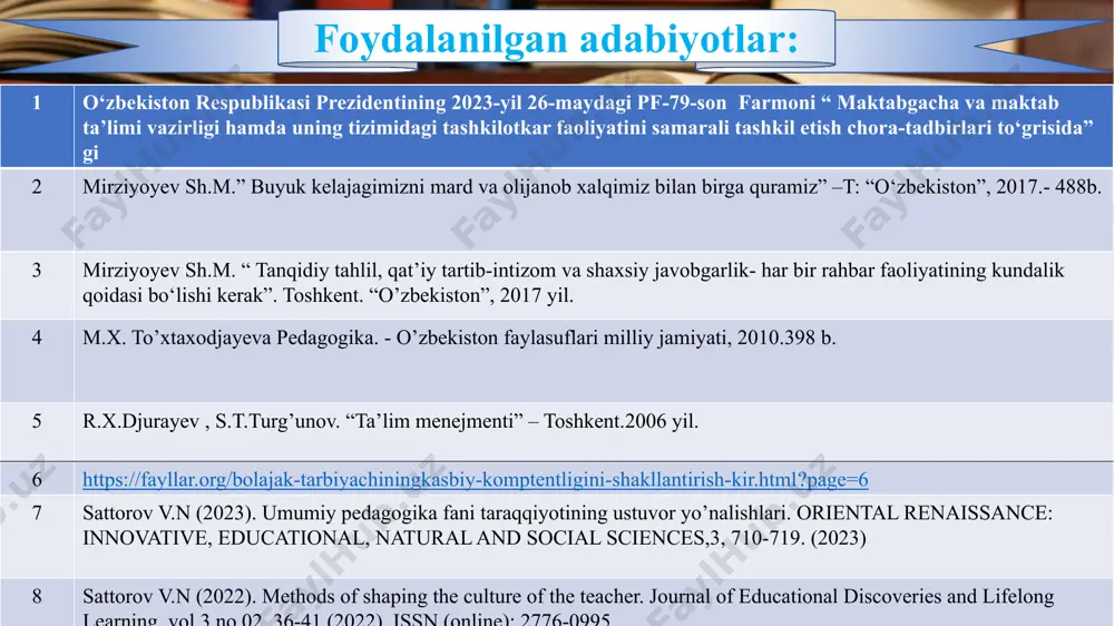 etish yosh mutaxassislarning malaka va bilimlarini oshirishga yordam beradi. bu seminarlar, konferensiyalar, treninglar va boshqa ta'lim tadbirlarida ishtirok etishni o'z ichiga olishi mumkin. baholash va fikr-mulohazalar: yosh mutaxassislar faoliyatini muntazam ravishda baholash va ularning fikr-mulohazalarini bildirish ularning malakasini oshirish va oshirishga yordam beradi. ijobiy tasdiqlash va konstruktiv tanqid ularga yanada samarali o'qituvchi bo'lishga yordam beradi. shuni esda tutish kerakki, har bir yosh mutaxassis o'ziga xosdir va individual yondashuvni talab qilishi mumkin. ularning ehtiyojlarini qo'llab-quvvatlash va e’tibor ularga muvaffaqiyatli moslashishga va o'z kasbida o'sishga yordam beradi vazifalar: yordam va hamrohlikni ta'minlash: yosh mutaxassislar o'zlarining kasbiy rivojlanishida yordam va ko'rsatmalarga muhtoj bo'lishi mumkin. maktab ularga tajribali hamkasblar va rahbariyatdan fikr-mulohaza, maslahat va yo‘l-yo‘riq olish imkoniyatini berishi kerak. kasbiy rivojlanish: maktab yosh mutaxassislarga, masalan, seminarlar, treninglar, konferensiyalar va boshqa kasbiy tadbirlarda ishtirok etish orqali malaka oshirish imkoniyatlarini taqdim etishi kerak. shuningdek, siz yosh mutaxassislar tajriba almashishi va bir-biridan saboq olishi uchun ichki treninglar …
