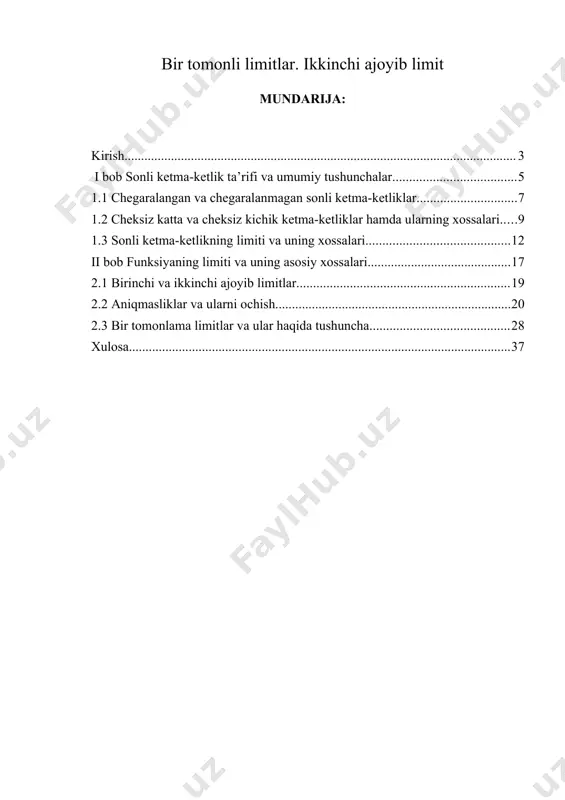 chiklar usuli, o'sha paytda chegara tushunchasi matematik tengsizliklar yordamida tasvirlanishi mumkin bo'lgan ilmiy ta'rifni oldi. bu chegaralar nazariyasiga zaruriy qat'iylik berdi, uni amaliy qo'llashda keng qo'llash imkonini berdi va zamonaviy matematikani qurish uchun asos bo'ldi. bunda fransuz matematigi o. koshining alohida xizmatlari bor. bo'lim: "ketma-ketlik chegarasi", matematik tahlil kursidagi eng muhimlaridan biridir. bu erda butun kurs uchun poydevor qo'yilgan. funksiya, limit, uzluksizlik kabi tushunchalarni chuqur o‘zlashtirmasdan, chegaralar va uzluksiz funksiyalar haqidagi asosiy teoremalarni bilmasdan, chegaralarni hisoblash qobiliyatisiz materialni keyingi o‘rganish mumkin emas. kurs ishining tanlangan mavzusi: “tartiblik chegarasi. stolz teoremasi va uning qo'llanilishi juda muhim va dolzarbdir, chunki darsliklarda har doim ham chegara, uzluksizlik, chegaralar va uzluksiz funktsiyalarning xususiyatlarini isbotlash tushunchalariga aniq ta'riflar berilmaydi va bu ishda barcha materiallar tizimlashtirilgan va aniq taqdim etilgan. kurs ishining ob'ekti. matematik analiz kursida sonli ketma-ketlikning chegarasini o'rganish jarayoni. kurs ishining mavzusi. ketma-ketlik chegarasi nazariyasini o'rganish va ketma-ketlikning yaqinlashuvini isbotlash masalalarini yechishda qo'llash. kurs …