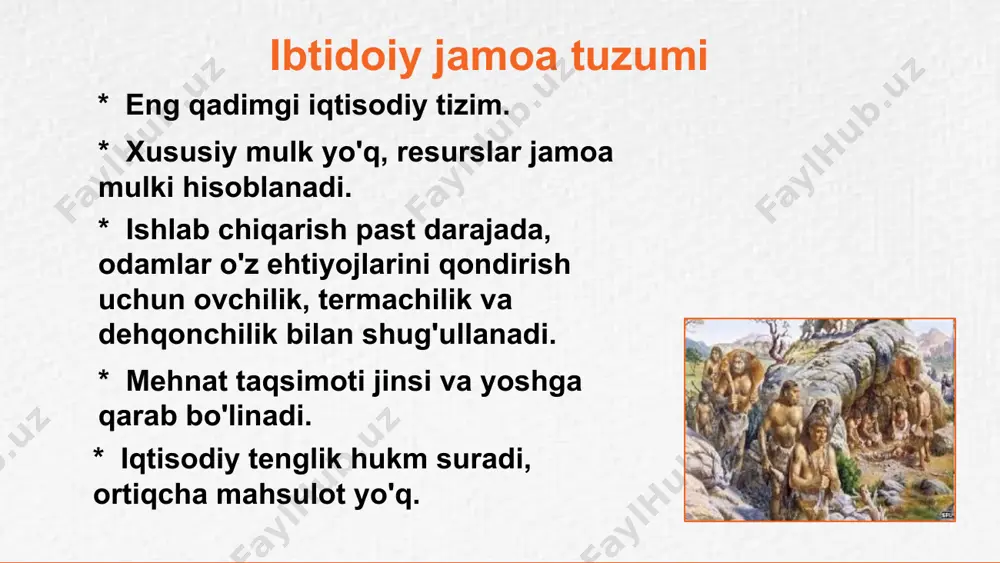 yoki kompaniyalar tomonidan boshqariladi. * bozor iqtisodiyoti hukmronlik qiladi, narxlar talab va taklif asosida shakllanadi. * mehnat erkinligi mavjud, ishchilar o'z mehnatini sotadilar. * raqobat va foyda olishga intilish iqtisodiy faoliyatni harakatga keltiradi. * davlat iqtisodiyotga kamroq aralashadi (klassik kapitalizmda), ammo tartibga solish va ijtimoiy xizmatlarni ta'minlash funksiyalarini bajaradi (zamonaviy kapitalizmda). • davomiyligi: xviii asrdan boshlab rivojlana boshladi va hozirgi kunda dunyoning ko'p qismlarida hukmronlik qilmoqda. sotsializm va kommunizm sotsializm sotsializm (o'tish davri) * xususiy mulkning bir qismi davlat nazoratida bo'ladi. * rejalashtirilgan iqtisodiyot va bozor mexanizmlari birgalikda ishlaydi. * ijtimoiy tenglikka intilish, daromadlarni qayta taqsimlash. kommunizm (yakuniy maqsad) * xususiy mulk butunlay bekor qilinadi. * ishlab chiqarish vositalari jamoa mulki hisoblanadi. * rejalashtirilgan iqtisodiyot hukmronlik qiladi, resurslar ehtiyojga qarab taqsimlanadi. * ijtimoiy tenglik to'liq ta'minlanadi, sinflar yo'qoladi. • amaliyotda: sotsialistik davlatlar xx asrda mavjud bo'lgan, ammo kommunizm hech qayerda to'liq amalga oshirilmagan. eslatma! • bu bosqichlar idealizatsiyalashgan bo'lib, haqiqatda …