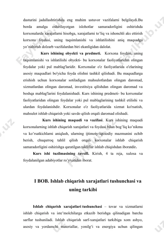 boshqa xarajatlar kiradi. ishlab chiqarishga qilingan barcha sarf-xarajatlarning puldagi ifodasi mahsulot tan narxini tashkil qiladi. ishlab chiqarish xarajatlarini ikkiga boʻlib oʻrganish mumkin: · bevosita ishlab chiqarish xarajatlari · muomala xarajatlari. tovar birligining qiymatida ishlab chiqarish xarajatlari faqat uning bir qismini tashkil qiladi. ishlab chiqarish xarajatlari tovar qiymatidan foyda miqdoriga kam boʻladi. muomala xarajatlari tushunchasi tovarlarni sotish jarayoni bilan bogʻliq boʻlib, shu tovarlarni ishlab chiqaruvchidan olib, isteʼmolchiga etkazilguncha ketadigan sarflarga aytiladi. ular ikki guruhga boʻlinadi: 1. qoʻshimcha muomala xarajatlari 2. sof muomala xarajatlari. tovarlarni oʻrash, qadoqlash, saralash, transportga ortish, tashish va saqlash xarajatlari qoʻshimcha muomala xarajatlari hisoblanadi. muomala xarajatlarining bu turlari ishlab chiqarish xarajatlarining davomi hisoblanib, tovar qiymatiga kiradi va uning qiymatini oshiradi. xarajatlar tovarlar sotilgandan keyin olingan pul tushumi summasidan qoplanadi. maʼlumki, muayyan bir resursni ishlab chiqarishning biron-bir yoʻnalishi boʻyicha sarflanishi endilikda bu resursdan boshqa yoʻnalishlarda foydalanish imkoniyatini cheklab qoʻyadi. shunga koʻra, tadbirkor (yoki resurs egasi) mazkur resursni eng yuqori …