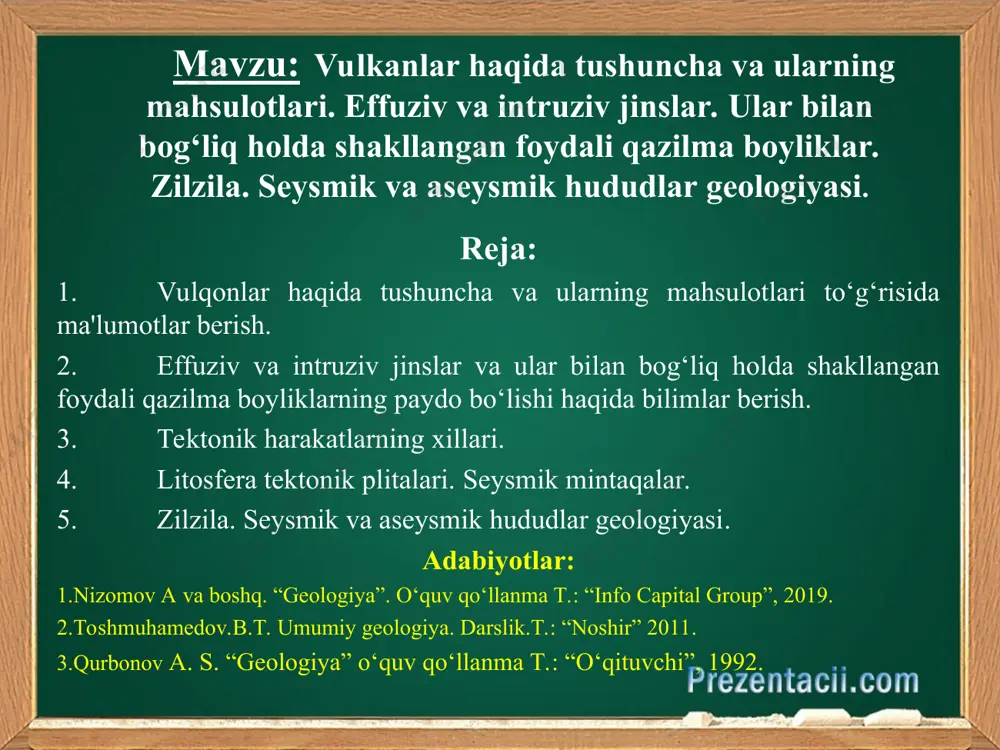 qqiyotining turli davrlarida hosil bo‘lib, keyin so‘ngan vulqonlardir. masalan, kavkaz tog‘laridagi elbrus va ararat vulqonlari to‘rtlamchi davr boshlarida harakatdan to‘xtagan. ko‘pincha so‘ngan vulqon va uning mahsulotlari keyingi davr yotqiziqlari bilan birikib ketgan bo‘ladi. so‘ngan vulqonlar: respublikamiz hududida ham ko‘plab qadimgi batamom so‘ngan vulqon izlari topilgan. qurama, chotqol, oloy,turkiston, zarafshon, hisor va nurota tog‘larida vulqon otqindilari, bombalari va turli tartibdagi vulkanik kelib chiqishga ega jinslar uchraydi. nurota, zarashon tizma tog‘lari va qizilqum qoldiq tog‘larida quyi paleozoy va tokembriy davrlarida (300-500 million yil avval) vulqon otilib turgan. bu joylarda yarim yemirilgan vulqon konuslari, tuf, kul, datsit, andezit, liparit kabi vulkan mahsulotlari hozirga qadar saqlanib qolgan. so‘nib borayotgan vulqonlar: ular ancha vaqt faoliyat ko‘rsatmasdan jim turadi. so‘ngra o‘qtin-o‘qtin gaz chiqarib harakatga keladi va birdan shiddat bilan otila boshlaydi. bular qatoriga xvii asrdan beri 8 marotaba kuchli otilgan vezuviy vulqoni kiradi. so‘nib borayotgan vulqonlarning bir guruhi kamchatka va kuril orollarida joylashgan bo‘lib, ularning soni …