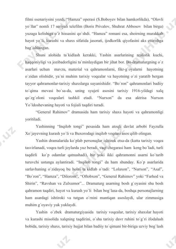 `li bilan bog`lasa-da, boshqa personajlarning ham asardagi ishtiroki va tutgan o`rnini mantiqan asoslaydi, ular zimmasiga muhim g`oyaviy yuk yuklaydi. yashin o`zbek dramaturgiyasida tarixiy voqealar, tarixiy shaxslar hayoti va kurashi misolida xalqning taqdirini, o`sha tarixiy davr ruhini to`g`ri ifodalash bobida, tarixiy shaxs, tarixiy hujjat bilan badiiy to`qimani bir-biriga uzviy bog`lash va badiiy haqiqatni ifodalashga xizmat ettirish sohasida, operani milliy zaminga qurishda, qahramonona ruhdagi ayollar obrazini yaratishda, xalq ijodiga suyanib turib, musiqali dramalar ijod etish va “gulsara”, “nurxon” musiqali dramalari timsolida zamonaviy materialda tomoshabop dramalar yozishda katta tajribalar to`pladi, an`analar yaratdi. u epik dramaturgiyani yangi bosqichga olib chiqdi. hamza obrazini dramada, kinoda, ko`p seriyali telefilmda hamda roman janrida keng manzarali lavhalarda gavdalantirishda tajribalar o`tkazdi. yashin mohir rahbar, adabiyot va san`atning jonkuyari sifatida madaniyatimiz kamolotida qo`lidan kelgan mehnatini ayamadi va o`zining salmoqli ulushini qo`shdi. u 1997-yili vafot etdi. drаmа jаnrining tаrаqqiyotigа muаyyan hissа qo`shgаn komil yashin o`zbek аdаbiyotining аtoqli nаmoyandаlаridаn biridir. hаmzа mаktаbidаn …