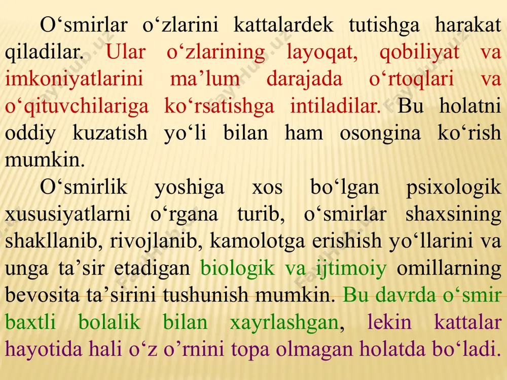 arishlar uning oldiga yangi talablar qo’yadi, bu esa o’z navbatida ko’proq huquq va erk berilishini, eng avvalo mustaqil qarorga kelish va o’z xulq-atvorini maqbul deb hisoblab amalga oshirishni taqozo qiladi. psixik takomillashish, kamolotga intilish, nisbiy barqarorlik o’smirlik davrining eng muhim xususiyatlari hisoblanadi. hozirgacha balog’atga erishish va jinsiy yetilishning jadallashishi (akseleratsiya) to’g’risida bir butun ilmiy nazariya mavjud emas. shuning uchun o’sishdagi jadallashuv, ya’ni akseleratsiya bo’yicha ham muayyan nazariya yaratilmagan. ana shu boisdan har xil ilmiy asosdagi, bir-biridan farqli e’tirozli qator nazariyalar paydo bo’lgan. quyida akseleratsiya muammosiga oid qarashlar bilan tanishib chiqamiz. geliogen nazariyasi geteroziya nazariyasi ijtimoiy sharoitning yaxshilanishi nazariyasi ijtimoiy akselerasiya nazariyasi urbanizasiya nazariyasi nutritiv nazariya nurlanish nazariyasi geliogen nazariyasi. ushbu nazariya 1936 yilda chet el olimlari tomonidan yaratilgan bo’lib, uning asosiy mohiyati akselerasiya hodisasi quyosh nurining bevosita ta’siri bilan vujudga keladi, degan g’oyadan iboratdir. bu g’oya tarafdorlarining fikricha, bolalar ko’p vaqt oftobda bo’lishi natijasida ularning o’sishida tezlashish, ya’ni akselerasiya ro’y …