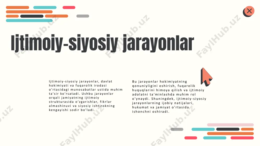 moqda, bu esa fuqarolar va davlat o'rtasidagi o'zaro ta'sirni yanada kuchaytiradi. ayniqsa, raqamli texnologiyalar va ijtimoiy tarmoqlar hokimlikni yanada ochiq va javobgar qilishga yordam beradi. zamonaviy hokimlik tizimlari o'zgarishlarga tezda moslasha olish qobiliyatiga ega bo'lishi zarur. hokimlik munosabatlarining ta'siri hokimlik munosabatlari jamiyat va madaniyatga kuchli ta'sir ko'rsatadi. ular ijtimoiy strukturalarni shakllantiradi, fuqarolar o'rtasidagi munosabatlarni belgilaydi va umumiy hayot sifatini ta'sir qiladi. ijtimoiy-siyosiy jarayonlar, xususan, hokimiyatning taqsimlanishi va uning ishlash mexanizmlari orqali hokimlik munosabatlari o'rtasidagi bog'liqlikni belgilaydi. ushbu jarayonlar, fuqarolar va hokimiyat o'rtasidagi o'zaro aloqalar, jamiyatning tarakkiyoti va barqarorligini ta'minlashda muhim rol o'ynaydi. kelajakda hokimlik munosabatlari yanada murakkablashishi va global o'zgarishlarga moslashishi kutilmoqda, bu esa yangi ijtimoiy-siyosiy muammolarni keltirib chiqarishi mumkin. photo by altumcode on unsplash ijtimoiy-siyosiy jarayonlar kelajagi ijtimoiy-siyosiy jarayonlar kelajagi o‘zbekiston va dunyo bo‘yicha muhim ahamiyatga ega. ushbu jarayonlar, avvalambor, global iqtisodiy o'zgarishlar, siyosiy reformalar va ijtimoiy harakatlar ta'sirida rivojlanadi. masalan, demokratik islohotlar va fuqarolik jamiyatining o'sishi jamiyatda ijtimoiy-iqtisodiy …