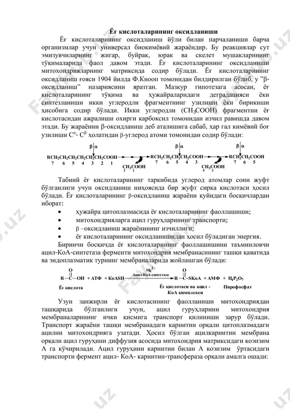 ф ch2 - o~p choh ch2oh oh oh o + адфглицерокиназа choh ch2oh ch2o~p o oh oh над + надн . н + глицеролфосфат- дегидрогеназа choh c ch2o~p o oh oh o h триозофосфат- изомераза c=о ch2oh ch2o~p o oh oh глицерол-3-фосфат глицеральдегид- 3-фосфат диоксиацетон- 3-фосфат гликолиз глюконеогенез ёғ кислоталарининг оксидланиши ёғ кислоталарининг оксидланиш йўли билан парчаланиши барча организмлар учун универсал биокимѐвий жараѐндир. бу реакциялар сут эмизувчиларнинг жигар, буйрак, юрак ва скелет мушакларининг тўқималарида фаол давом этади. ёғ кислоталарининг оксидланиши митохондрияларнинг матриксида содир бўлади. ёғ кислоталарининг оксидланиш ғояси 1904 йилда ф.кнооп томонидан билдирилган бўлиб, у ”- оксидланиш” назариясини яратган. мазкур гипотезага асосан, ѐғ кислоталарининг тўқима ва ҳужайраларидаги деградацияси ѐки синтезланиши икки углеродли фрагментнинг узилиши ѐки бирикиши ҳисобига содир бўлади. икки углеродли (сн3соон) фрагментни ѐғ кислотасидан ажралиши охирги карбоксил томонидан изчил равишда давом этади. бу жараѐнни -оксидланиш деб аталишига сабаб, ҳар гал кимѐвий боғ узилиши с α - с  ҳолатидан …
