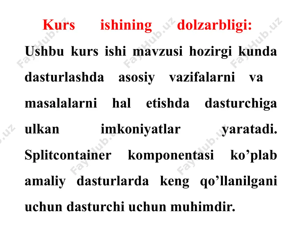 a birinchi button tugmasiga, ikkinchisida esa menustrip menyusiga bog'langan holati keltirilgan: private void button1_click(object sender, eventargs e) { filologiya form = new filologiya(); form.show(); } private void yordamtoolstripmenuitem_click(object sender, eventargs e) { yordam form = new yordam(); form.show(); } masalan birinchi amalimiz button1 tugmasiga bog'langan bo'lib, shu tugmani bosganda bizga yangi filologiya fakulteti haqida ma'lumotlar oynasi hosil bo'ladi: dasturda fakultetlar nomi keltirilgan har bir button ya'ni tugmaga yangi forma bog'langan va o'z navbatida ular splitcontainer komponentasi yordamida ikki bo'lakka ajratib chiqilgan. birinchi qismida rasm joylashtirilgan, ikkinchi qismiga esa matn kiritilgan: richtextboxga kiritilayotgan matnlarni kod orqali ifodalasa ham balki richtextboxning xususiyatlaridan foydalansa ham bo'ladi. biz ushbu dasturda shu xuxusiyatlardan foydalandik: