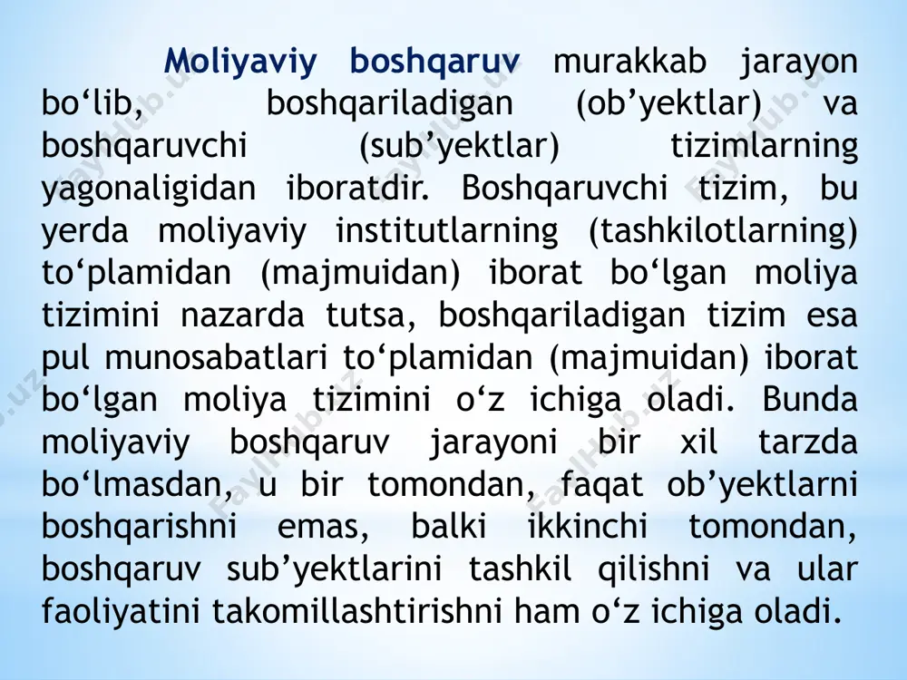 ik (uslubiy) rahbarlikni amalga oshirish; -mamlakat moliyaviy resurslar balansini ishlab chiqishda (iqtisodiyot vazirligi bilan birgalikda) faol ishtirok etish; -moliyaviy intizom buzilganda moliyalashtirishni cheklash yoki umuman to‘xtatib qo‘yish. hozirgi paytda moliya vazirligining markaziy apparatida quyidagi bosh boshqarmalar va boshqarmalar bo‘lishi mumkin: -davlat byudjeti bosh boshqarmasi; -valyuta aktivlari va majburiyatlari bosh boshqarmasi; -hududlar moliyasi bosh boshqarmasi; -agrosanoat majmuini moliyaviy tartibga solish bosh boshqarmasi; -ijtimoiy soha va fanni moliyalashtirish bosh boshqar-masi; -nazorat-taftish bosh boshqarmasi; -investitsiyalar boshqarmasi; -iste’mol bozori va xizmat ko‘rsatish sohalarini moliya-viy hamda narx orqali tartibga solish boshqarmasi; -boshqaruv organlarini moliyalashtirish boshqarmasi; -soliq siyosati boshqarmasi; -buxgalteriya hisobi va audit uslubiyoti boshqarmasi; -qimmatli qog‘ozlar va moliya bozori boshqarmasi; -moliya institutlari faoliyatini muvofiqlashtirish boshqarmasi; -sanoatning bazaviy tarmoqlari va yoqilg‘i-energetika majmui moliyasi boshqarmasi; -mudofaa majmui, huquq-tartibot organlari va boshqa sohalarni moliyalashtirish boshqarmasi moliya vazirligining muhim bo‘linmasi g‘aznachilik tizimi bo‘lib, u davlat byudjetining kassa ijrosini ta’minlashda mas’uldir. moliyaviy boshqaruvga bevosita daxldor bo‘lgan g‘aznachilik tizimining asosiy vazifalari …