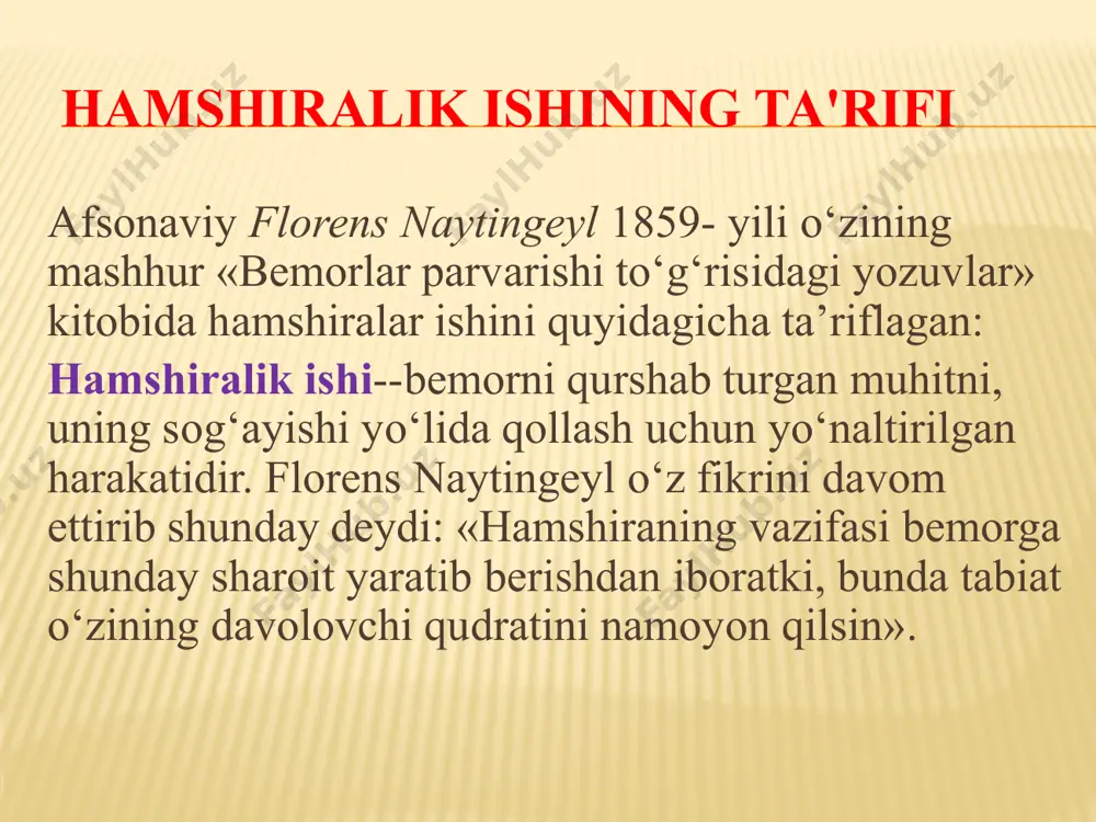 orlarga jang maydonida va kasalxonalarda yordam berish ishining yaxshi emasligini anglab yetgan ozbekistonda qizil xoch va qizil yarim oy jamiyati 1925-yilda tashkil etilgan bolsa-da, u 1922-yilda mustaqil milliy jamiyat maqomiga erishdi. 1995-yilda xalqaro qizil xosh qomitasi tomonidan etirof etilib hozirgi kunda qizil xoch va qizil yarim oy jamiyati aholining sanitariya madaniyatini oshirish, uni vatan sanitariya mudofaasiga tayyorlash, mehnatkashlarning mehnat va turmush sharoitini soglomlashtirishga xizmat qiladi. bepul donorlikni targib qilish va bu ishga aholini jalb etish shular jumlasidandir. ozbekistonda tibbiyot va hamshiralar tayyorlashning rivojlanishi, olib borilayotgan islohotlar va yutuqlar 1868-yili тoshkentda birinchi harbiy shifoxona ochildi, u keyinchalik katta harbiy gospitalga aylandi. songra samarqand,undan keyinroq xiva va buxoro shaharlarida ham kasalxonalar ochildi. 1918-yilda тoshkentda birinchi tibbiyot bilim yurti ochildi (hozirgi y.oxunboboyev nomidagi tibbiyot kolleji). 1920-yili тoshkentda orta osiyo davlat dorilfununi (hozirgiтoshdmu) tashkil etildi, uning tibbiyot fakulteti keyinchalik (1931-yil)тoshkent davlat tibbiyot institutiga aylantirildi. 1955-yili andijon tibbiyot instituti, 1972-yili тoshkentda orta osiyo pediatriya tibbiyot …