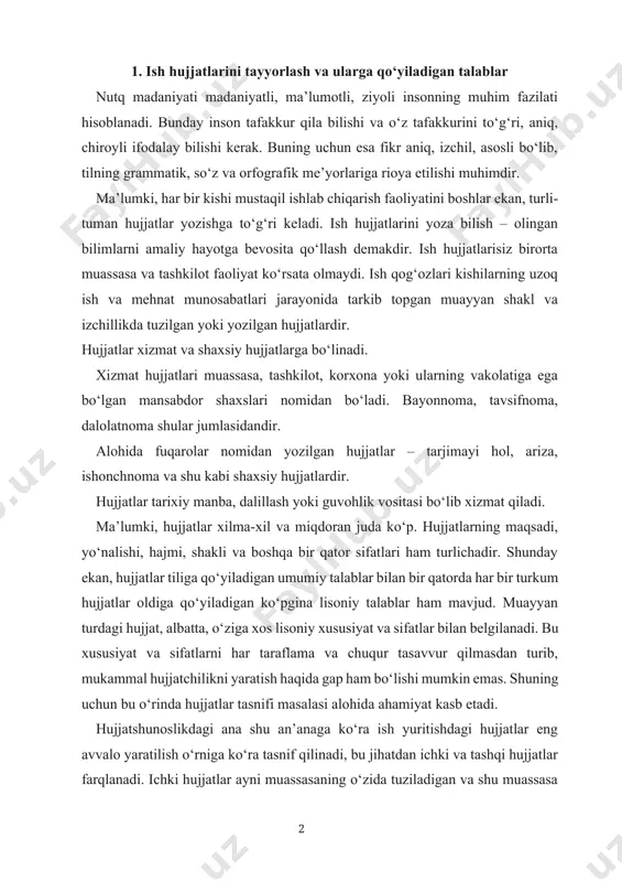 an belgilanadi. bu xususiyat va sifatlarni har taraflama va chuqur tasavvur qilmasdan turib, mukammal hujjatchilikni yaratish haqida gap ham bo‘lishi mumkin emas. shuning uchun bu o‘rinda hujjatlar tasnifi masalasi alohida ahamiyat kasb etadi. hujjatshunoslikdagi ana shu an’anaga ko‘ra ish yuritishdagi hujjatlar eng avvalo yaratilish o‘rniga ko‘ra tasnif qilinadi, bu jihatdan ichki va tashqi hujjatlar farqlanadi. ichki hujjatlar ayni muassasaning o‘zida tuziladigan va shu muassasa ichida foydalaniladigan hujjatlardir, muayyan muassasaga boshqa tashkilot yoki ayrim shaxslardan keladiganlari esa tashqi hujjatlardir. hujjatlar mazmuniga ko‘ra ikki xil bo‘ladi: 1) sodda hujjatlar – muayyan bir masalani o‘z ichiga oladi; 2) murakkab hujjatlar – ikki yoki undan ortiq masalani o‘z ichiga oladi. mazmun bayonining shakli jihatidan xususiy (in dividual), namunali (tipovoy) va qolipli (trafaretli) hujjatlar farqlanadi. matnning o‘ziga xosligi, betakrorligi, hamisha ham bir andozada bo‘lmasligi xususiy hujjatlarning asosiy belgilaridir (masalan, xizmat yozishmalari va shu kabilar). bunday hujjatlarda ham muayyan doimiy tarkib mavjud bo‘lsada, bevosita mazmun bayoni …