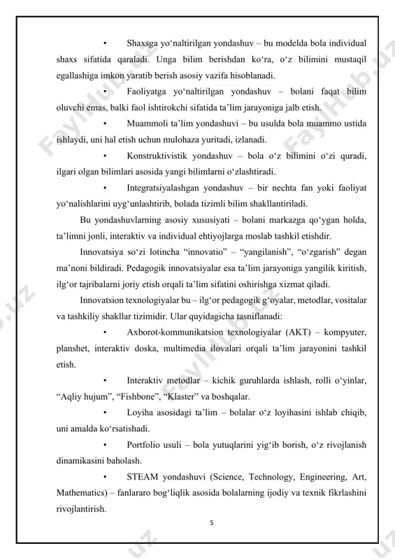 iqlik asosida bolalarning ijodiy va texnik fikrlashini rivojlantirish. bu texnologiyalar pedagogning darsni samarali, qiziqarli, hayotga yaqin olib borishiga imkon beradi. ayniqsa maktabgacha ta’limda bu yondashuvlar bolalarning dunyoqarashi va qiziqishini oshiradi. pedagogik innovatsiyalar bugungi kunda keng ko‘lamli tus olsa-da, ularning ildizlari uzoq tarixga borib taqaladi. yevropada jan-jak russo, pestalozzi, fröbel kabi pedagoglar ilk bor bola shaxsiga yo‘naltirilgan ta’lim g‘oyalarini ilgari surganlar. xx asrda esa jon dyuining “tajriba asosidagi ta’lim”, lev vygotskiyning “yaqin rivojlanish zonasi” nazariyalari pedagogik innovatsiyalarga zamin yaratdi. o‘zbekistonda esa maxtumquli, ahmad donish, abdulla avloniy, behbudiy kabi ma’rifatparvarlarning qarashlari zamonaviy pedagogik yondashuvlarning shakllanishida muhim rol o‘ynagan. bugungi kunda esa prezidentimiz tashabbusi bilan “raqamli ta’lim”, “ilg‘or maktabgacha ta’lim tizimi” kabi innovatsion islohotlar olib borilmoqda. innovatsion pedagogik yondashuvlarni amaliyotga tatbiq etishning quyidagi samaradorlik omillari mavjud: • ta’lim jarayonining faolligi va interaktivligi ortadi. • har bir bola o‘z qobiliyati, qiziqishi asosida rivojlanadi. • o‘quvchilar mustaqil qaror qabul qilishni o‘rganadi. • bilim, ko‘nikma va …