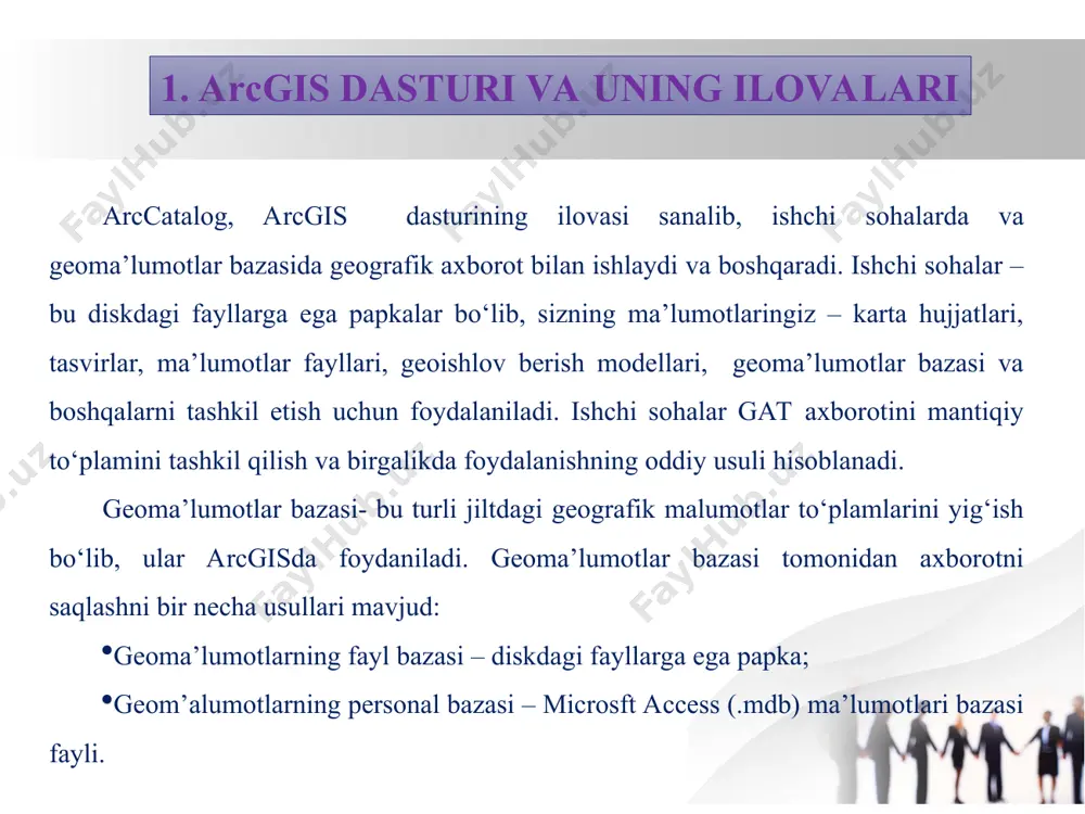 riladi va yana bir bor sichqonchaning o'ng tugmasi bosilib feature class qatori tanlanadi. xosil bo'lgan new feature class ilovasi name bo'shlig'iga nomlanadigan ob'ekt nomi kiritilsa type bandidagi qatorlardan katlam turiga qarab katlam xili tanlanadi. masalan maydonli qatlamga polygon features, chiziqli qatlamga line features, nuqtali qatlamga point features va yozuvli qatlamga annotation features katorlari tanlanadi. gis provides the capability to rapidly acquire data of all types from disparate sources, integrate and analyze that data for visualization and decision support. this results in better decisions, greater efficiency and more effective communications so this slide represents how gis supports the emergency management challenges and how the geographic approach applies. you have a lot of places that you have to collect data from - in a various systems and formats. gis provides a platform that allows you to collect store and manage data in one place, normalized by geography that can be rapidly analyzed …