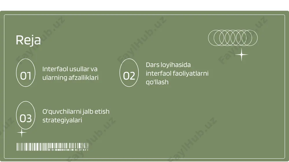 ganish samaradorligi: interfaol usullar orqali o'quvchilar ma'lumotni yaxshiroq o'zlashtirishlari mumkin. ular amaliy mashg'ulotlar va muammolarni hal etish orqali o'zlarini yanada samarali rivojlantiradilar. mustaqil fikrlashni rivojlantirish: ushbu usullar o'quvchilarga mustaqil fikrlash va tanqidiy yondashuvni rivojlantirishga yordam beradi. o'quvchilar o'z fikrlarini ishlab chiqish va o'z qarorlarini qabul qilish imkoniyatiga ega bo'ladilar. interfaol usullarni qo'llash misollari o'quv jarayonida misollar interfaol usullar o'quv jarayonida talabalarni faol ishtirok etishga undaydi. masalan, guruh muhokamalari va rolli o'yinlar o'quvchilarning fikr almashishiga yordam beradi. shuningdek, interfaol taqdimotlar o'quvchilarning e'tiborini jalb qiladi va mavzuni chuqurroq o'zlashtirishlariga yordam beradi. o'qituvchilarning tajribalari o'qituvchilar interfaol usullarni qo'llashda turli xil tajribalarni o'zlashtiradilar. ba'zi o'qituvchilar o'quvchilarning motivatsiyasini oshirish uchun gamifikatsiyadan foydalanishadi, boshqalari esa qo'llanmalardan foydalangan holda darslarni boshqarishadi. ularning tajribalari darslar samaradorligini oshirishga yordam beradi. interfaol usullar foydasi interfaol usullar o'quvchilarning o'z-o'zini anglashini kuchaytiradi va ularning fikrlash qobiliyatini rivojlantiradi. o'quvchilar birgalikda ishlash orqali o'zaro fikr almashishadi, bu esa jamoaviy ish ko'nikmalarini rivojlantirishga yordam beradi. …