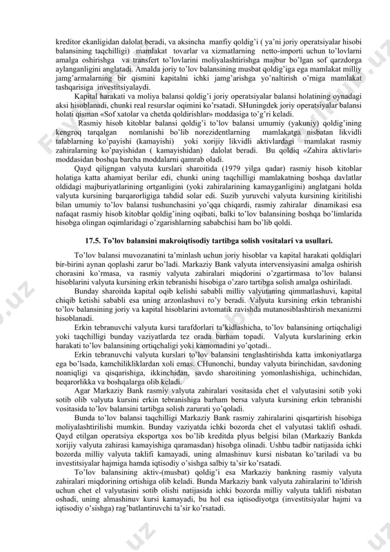 ko’payishini bildirsa, uning salbiy qoldig’i mamlakatda kapital kamayishini bildiradi. avval aytib o’tilganidek, joriy operatsiyalar bo’yicha balans va kapital harakati balansi o’zaro chambarchas bog’liq. bizning misolda birinchisining taqchilligi (-87) katta qismi (+63) kapitalning sof oqib kelishi hisobiga moliyalashtiriladi va aksincha, agar to’lov balansi joriy operatsiyalar bo’yicha musbat qoldiqqa ega bo’lsa, kapital harakati hisobi balans bo’yicha manfiy qoldiqqa yo’l qo’yilgan bo’ladi. shunday qilib, balansning bu ikki bo’limi bir-biri bilan tenglashib boradi. to’lov balansi qoldig’i= joriy operatsiyalar + kapital harakati balansi biroq, amalda to’lov balansining bu qismida ham ko’pincha kamomad yoki ortiqchalik yuzaga keladi. barcha mamlakatlarning markaziy banklari rasmiy zahiralar deb ataluvchi xorijiy valyuta zahiralariga ega bo’lib, bu zahiralar joriy operatsiyalar bo’yicha balans va kapital harakati bo’yicha balans nomutanosibligini bartaraf etishda qo’llaniladi. bizning misolda bu nomutanosiblik yoki qoldiq (-24)ni tashkil etadi va rasmiy zahiralardan tushumlar hisobiga tartibga solinadi. rasmiy zahiralarning qisqarishi (+) kamomad miqdorini ifodalaydi, rasmiy zahiralarning o’sishi (-) esa to’lov balansining musbat …